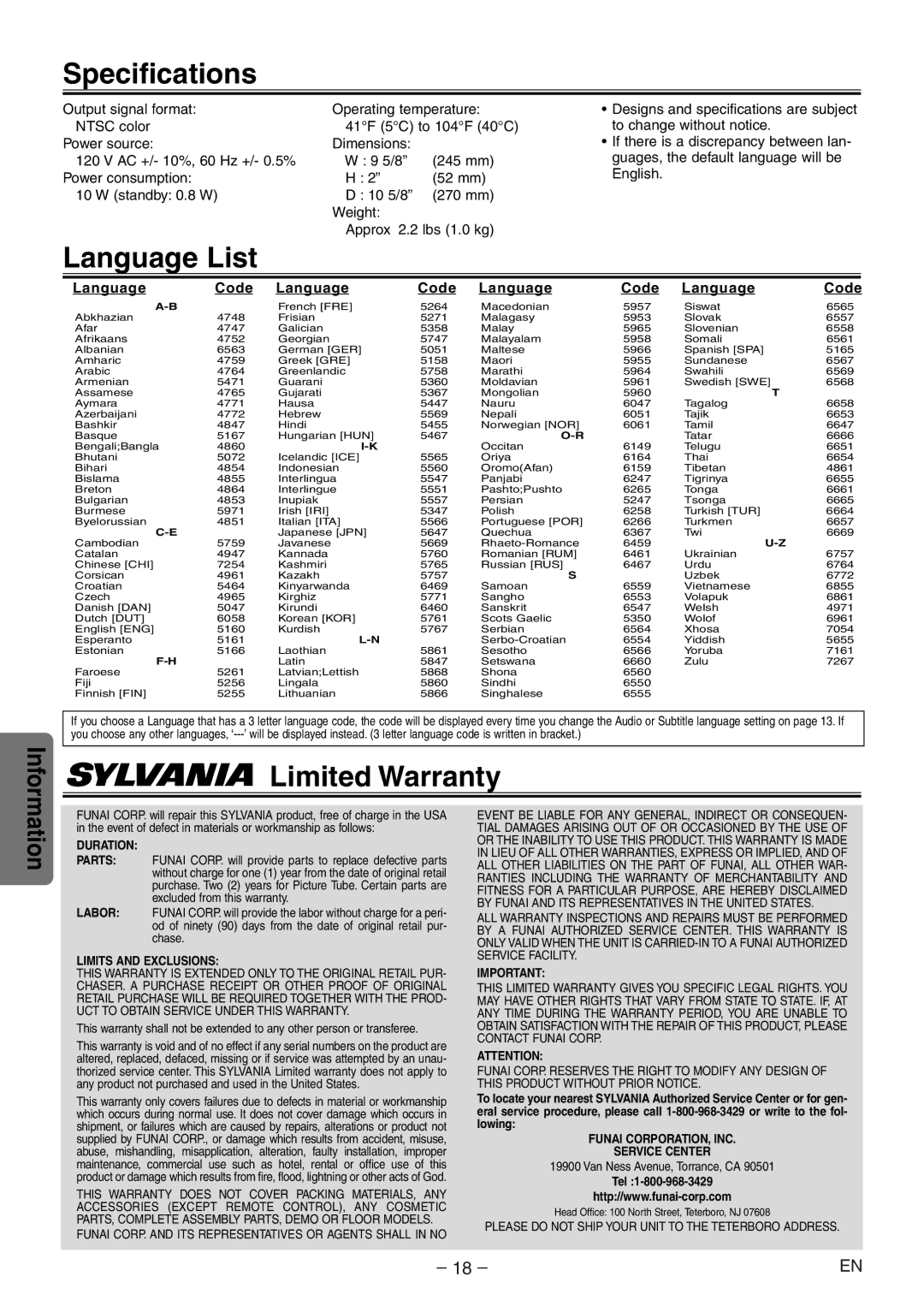 Sylvania SSD204 owner manual Specifications, Language List, Limited Warranty, Language Code 