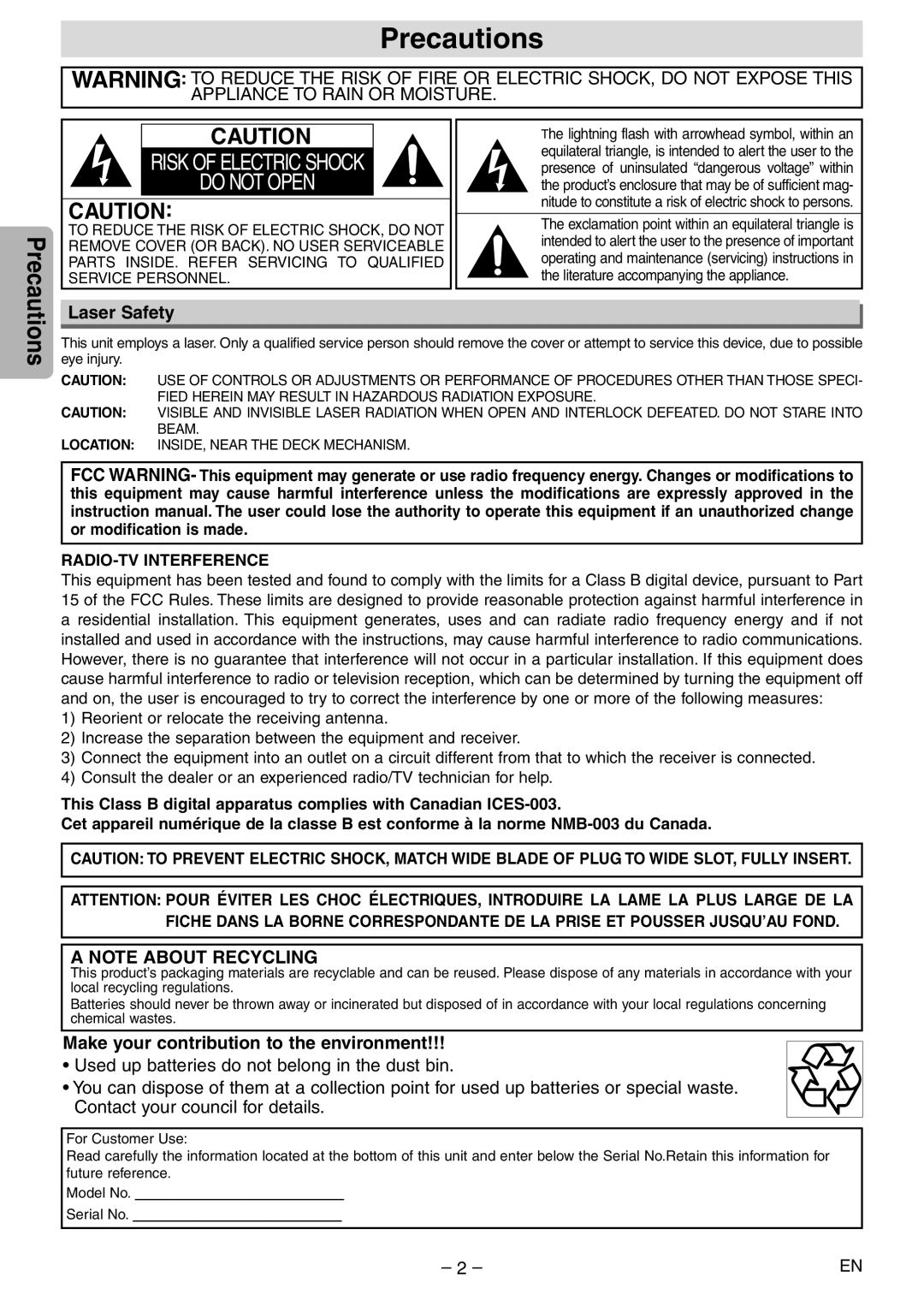 Sylvania SSD204 owner manual Precautions, Laser Safety, Make your contribution to the environment, RADIO-TV Interference 