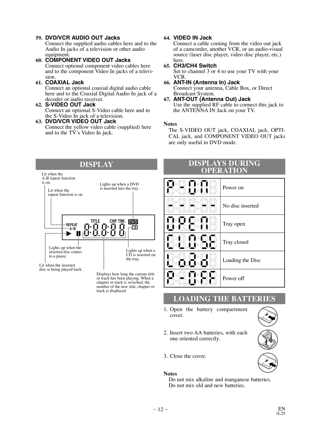 Sylvania SSD800 owner manual Display Displays During, Operation, Loading the Batteries 