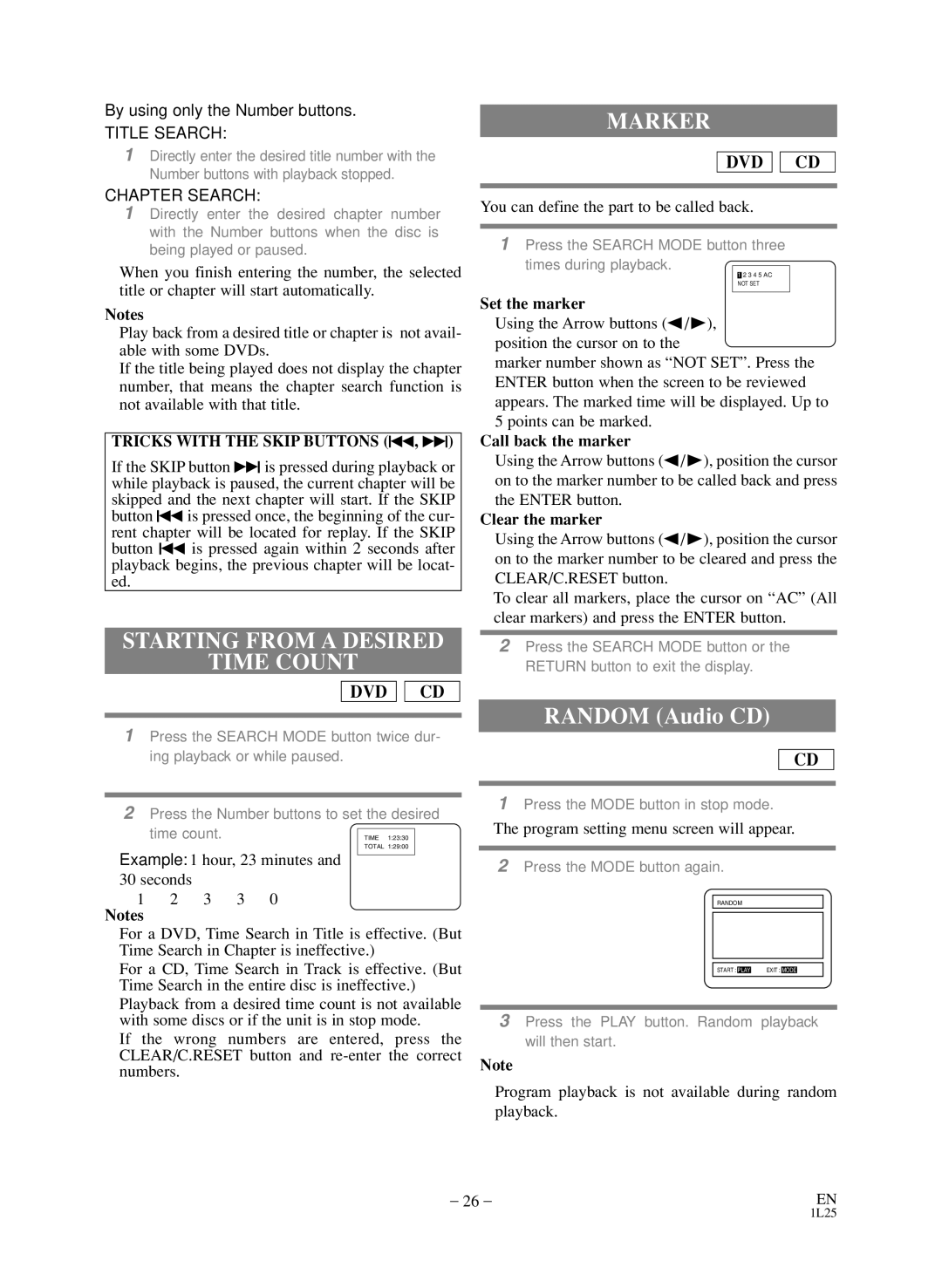 Sylvania SSD800 owner manual Starting from a Desired Time Count, Marker, Random Audio CD 