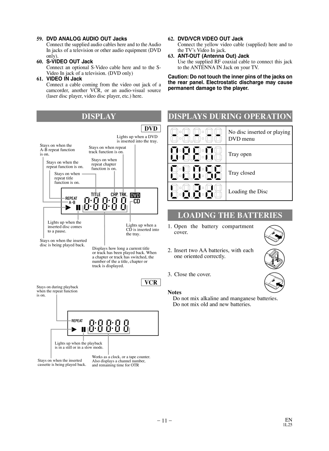 Sylvania SSD803 owner manual Displays During Operation, Loading the Batteries 