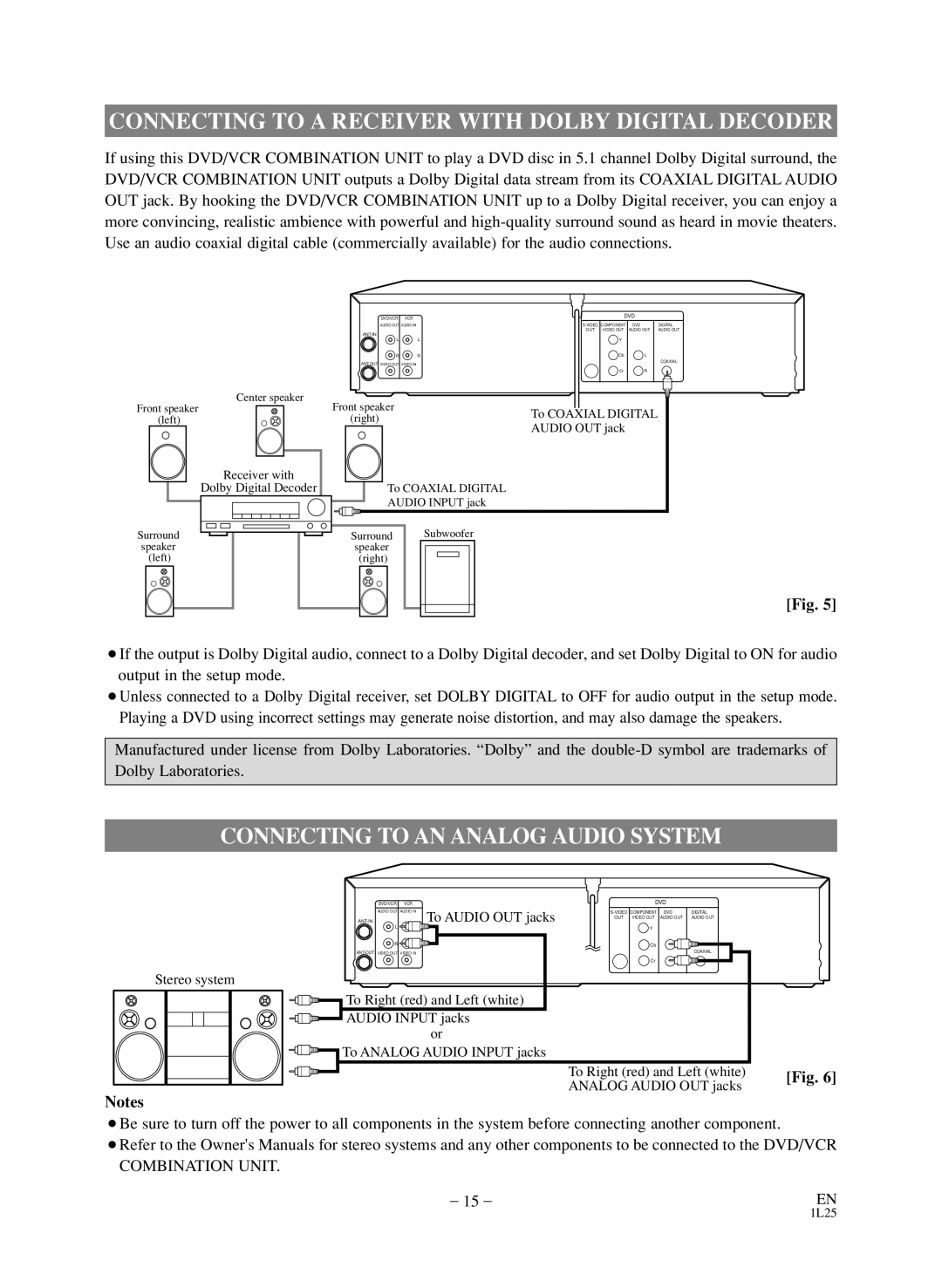 Sylvania SSD803 owner manual Connecting to a Receiver with Dolby Digital Decoder, Connecting to AN Analog Audio System 