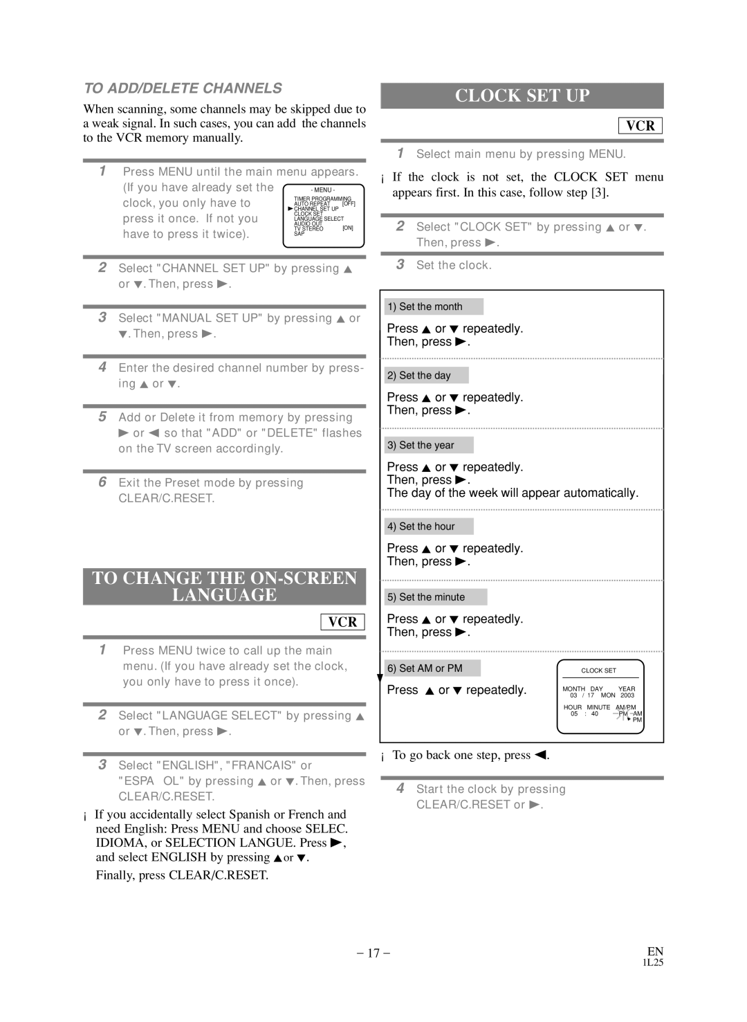 Sylvania SSD803 owner manual Clock SET UP, To Change the ON-SCREEN Language, To ADD/DELETE Channels 