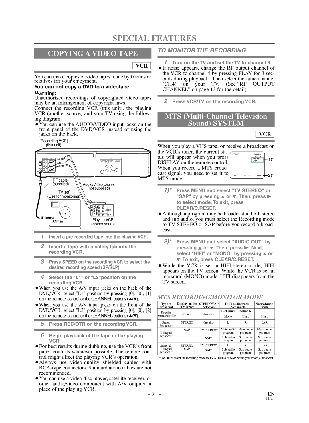 Sylvania SSD803 Special Features, Copying a Video Tape, To Monitor the Recording, You can not copy a DVD to a videotape 