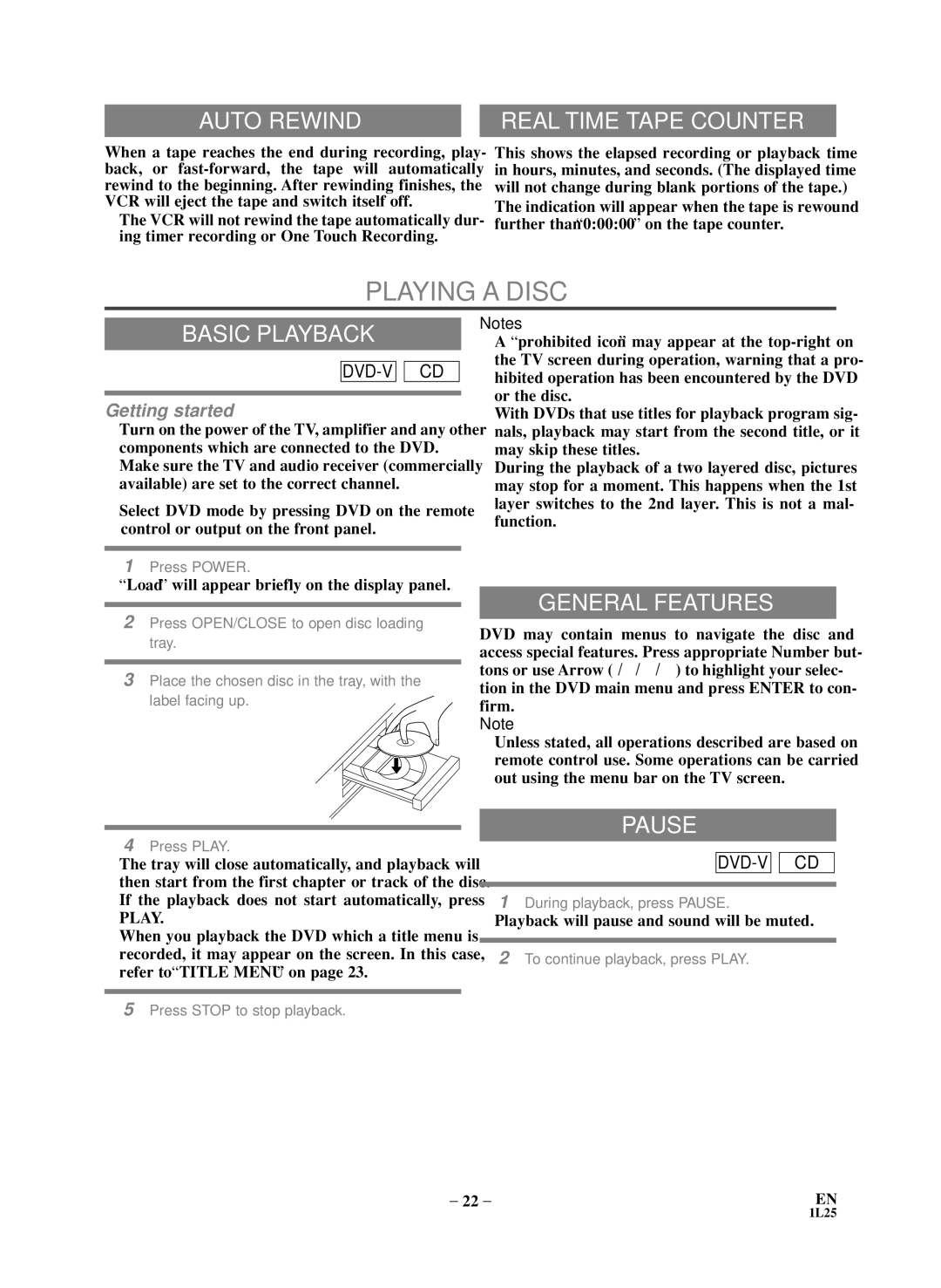 Sylvania SSD803 owner manual Playing a Disc, Auto Rewind, Basic Playback, General Features, Pause 