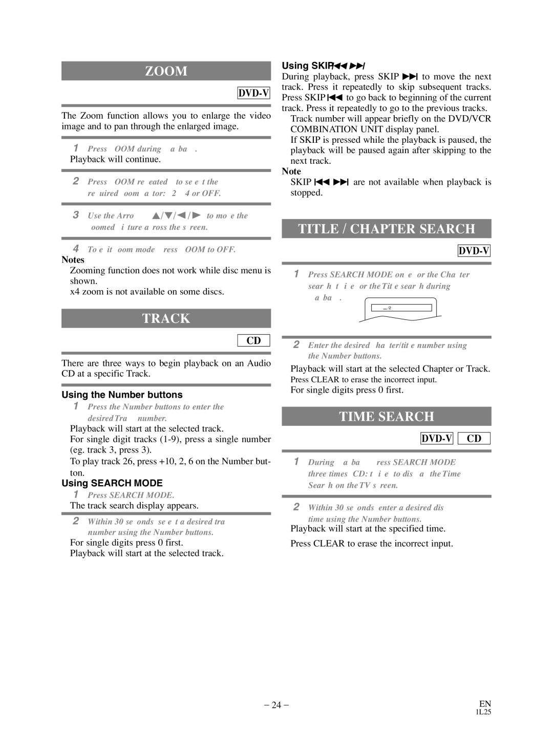 Sylvania SSD803 owner manual Zoom, Track, Title / Chapter Search, Time Search 