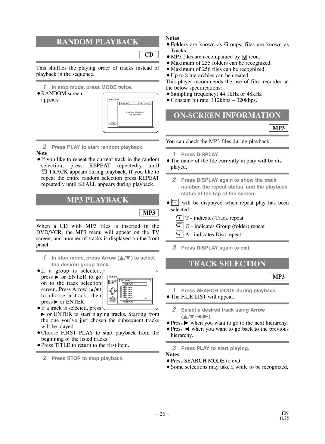 Sylvania SSD803 owner manual Random Playback, MP3 Playback, ON-SCREEN Information, Track Selection 