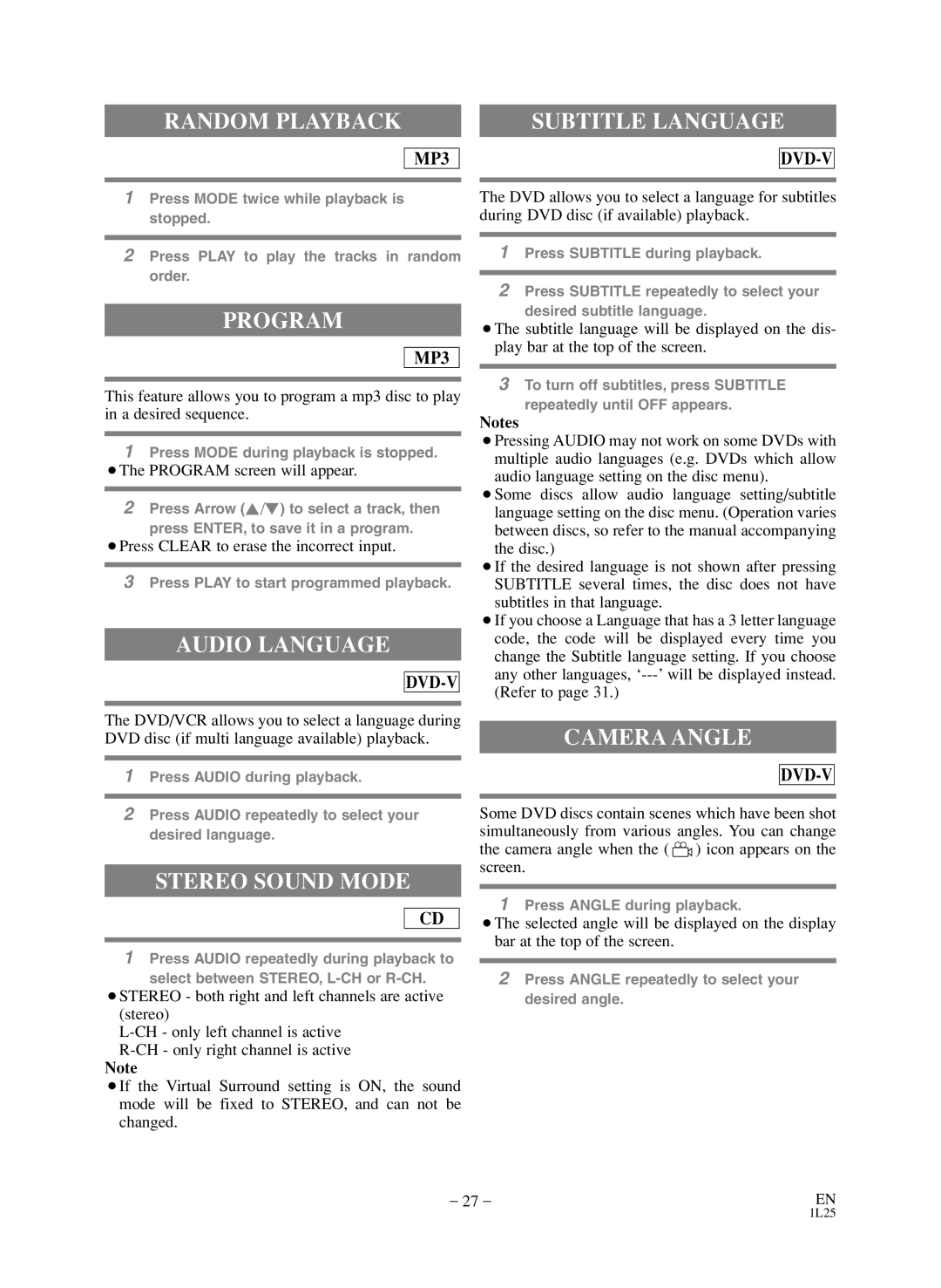 Sylvania SSD803 owner manual Subtitle Language, Program, Audio Language, Stereo Sound Mode, Camera Angle 