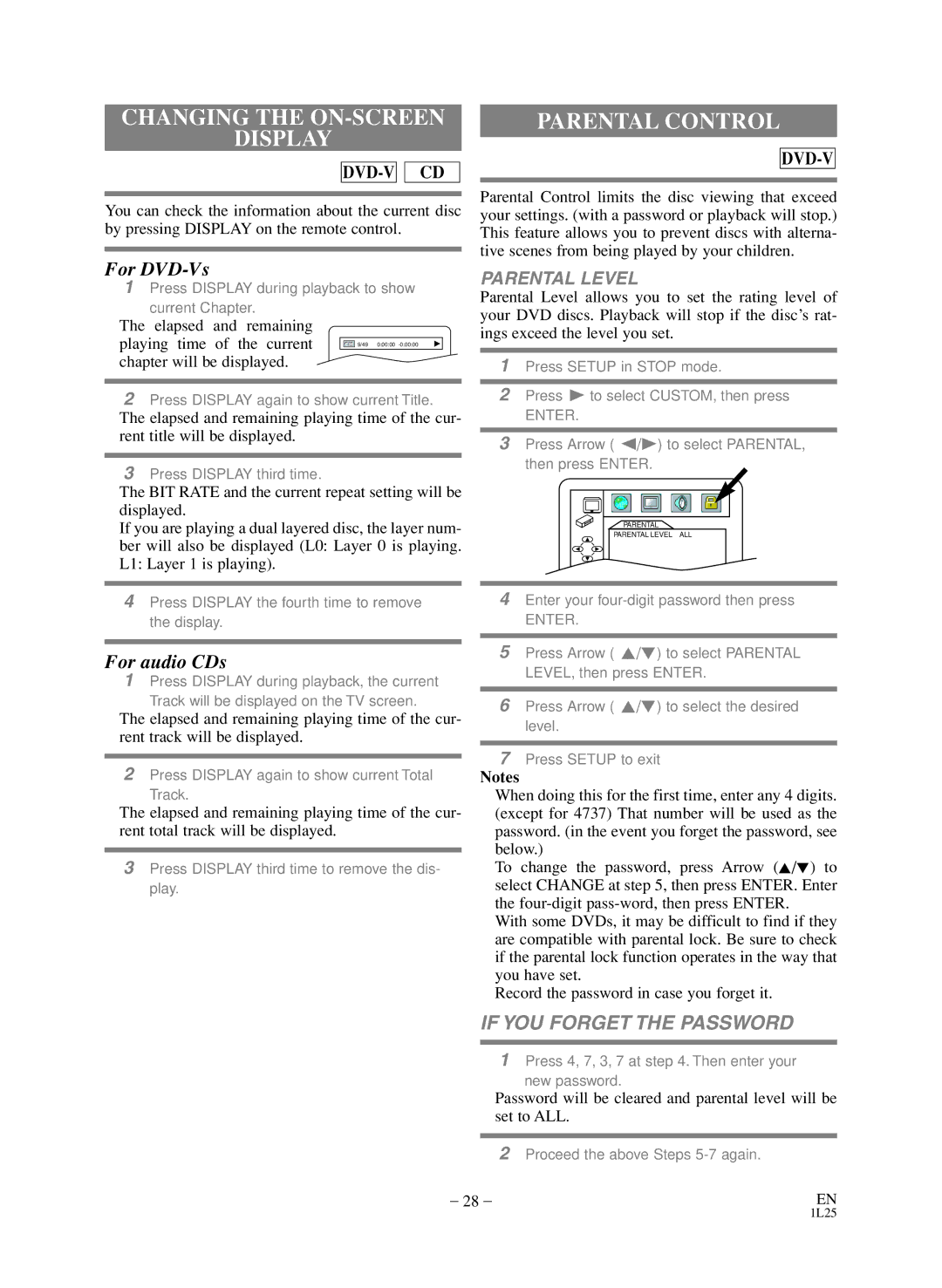 Sylvania SSD803 owner manual Changing the ON-SCREEN Display, Parental Control, Parental Level, Chapter will be displayed 