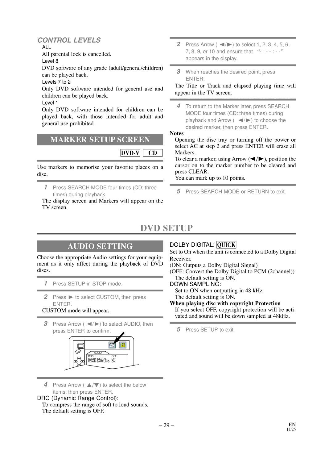 Sylvania SSD803 owner manual DVD Setup, Marker Setup Screen, Audio Setting 