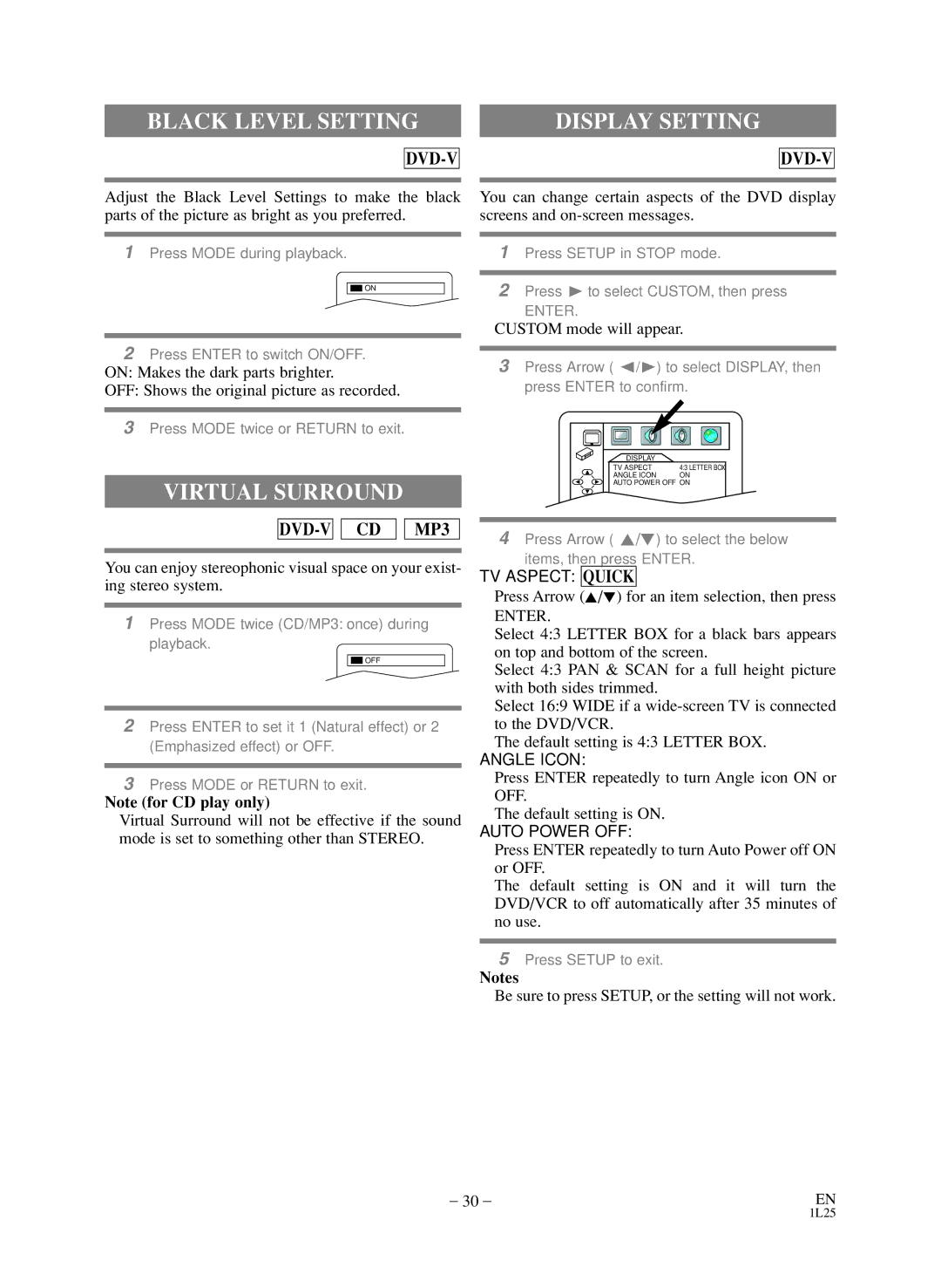 Sylvania SSD803 Black Level Setting, Display Setting, Virtual Surround, ¡Press Arrow K/L for an item selection, then press 