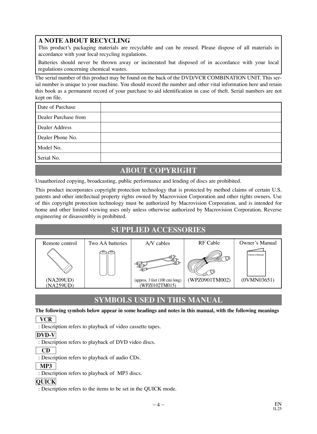 Sylvania SSD803 owner manual About Copyright, Supplied Accessories, Symbols Used in this Manual 