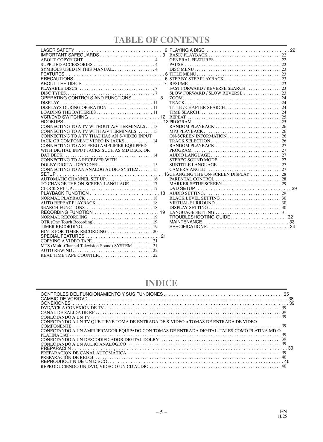 Sylvania SSD803 owner manual Table of Contents, Indice 