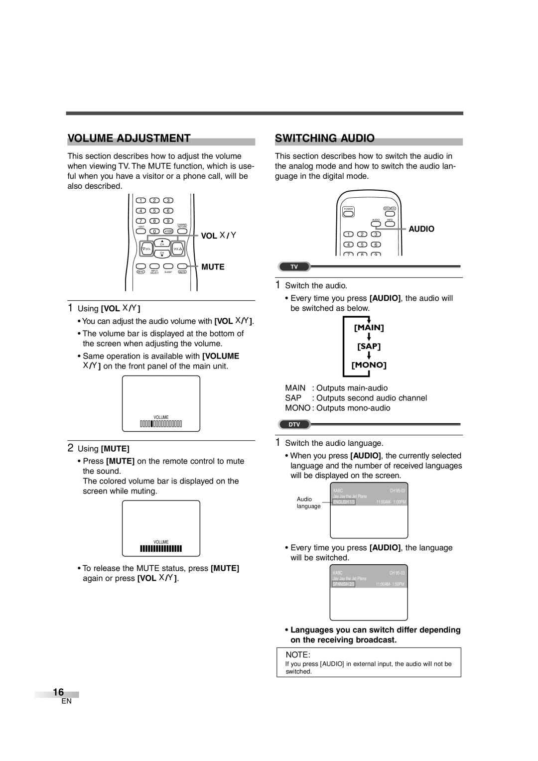 Sylvania SSGF4276 owner manual Volume Adjustment, Switching Audio, Vol X / Y, Mute 