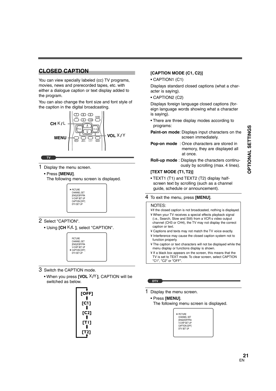 Sylvania SSGF4276 owner manual Closed Caption, Caption Mode C1, C2, CAPTION1 C1, CAPTION2 C2, Text Mode T1, T2 