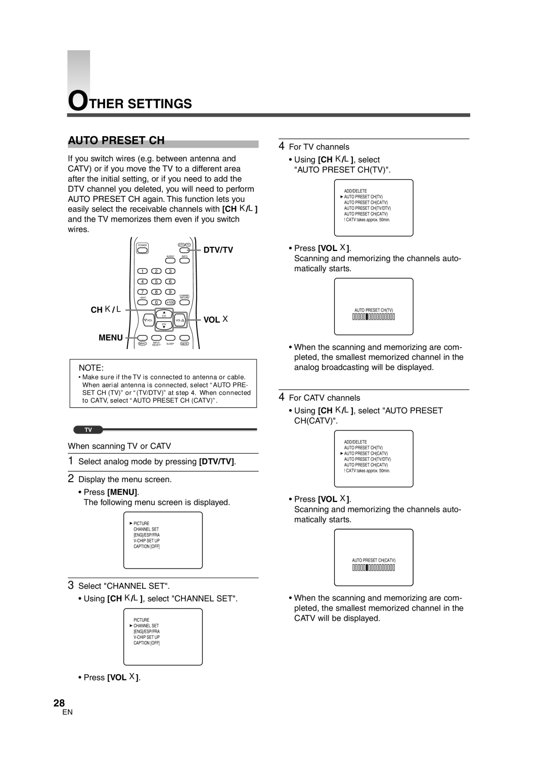 Sylvania SSGF4276 owner manual Other Settings, Auto Preset CH, Dtv/Tv, Select Channel SET Using CH K/L, select Channel SET 