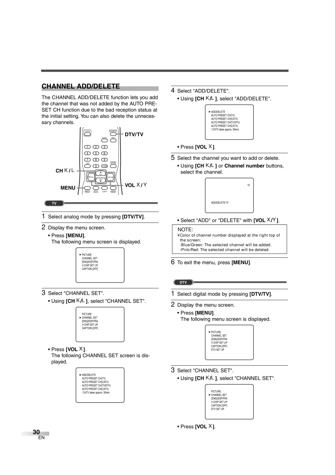 Sylvania SSGF4276 owner manual Channel ADD/DELETE, Using CH K/L or Channel number buttons, select the channel 