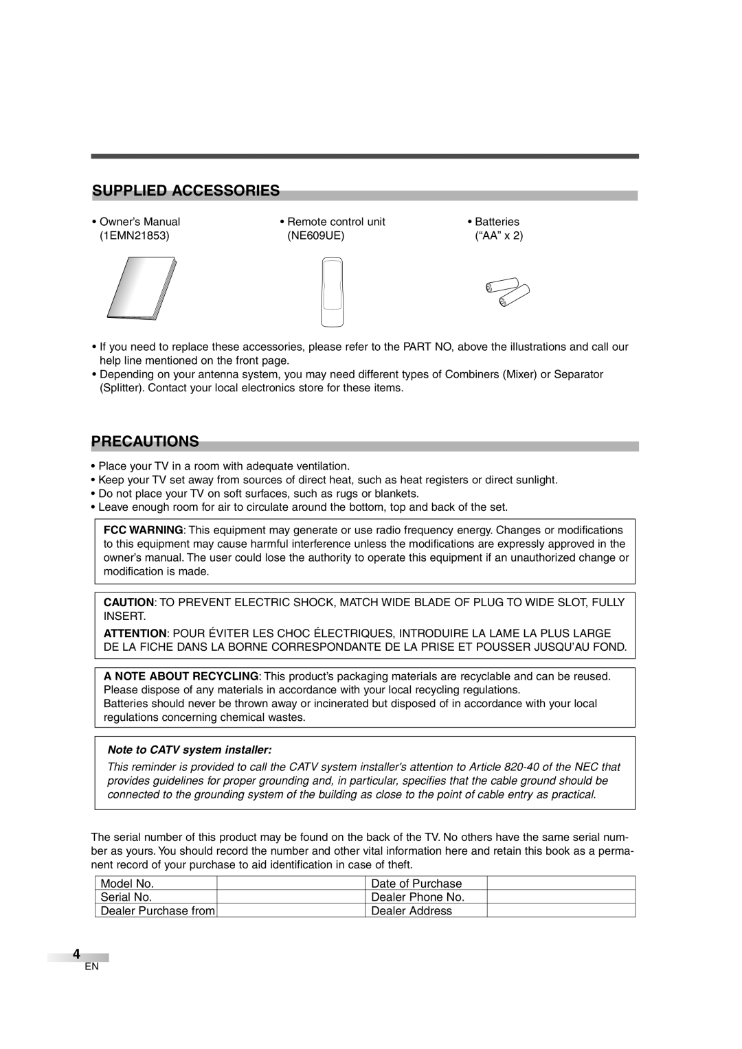 Sylvania SSGF4276 owner manual Supplied Accessories, Precautions, Dealer Purchase from 