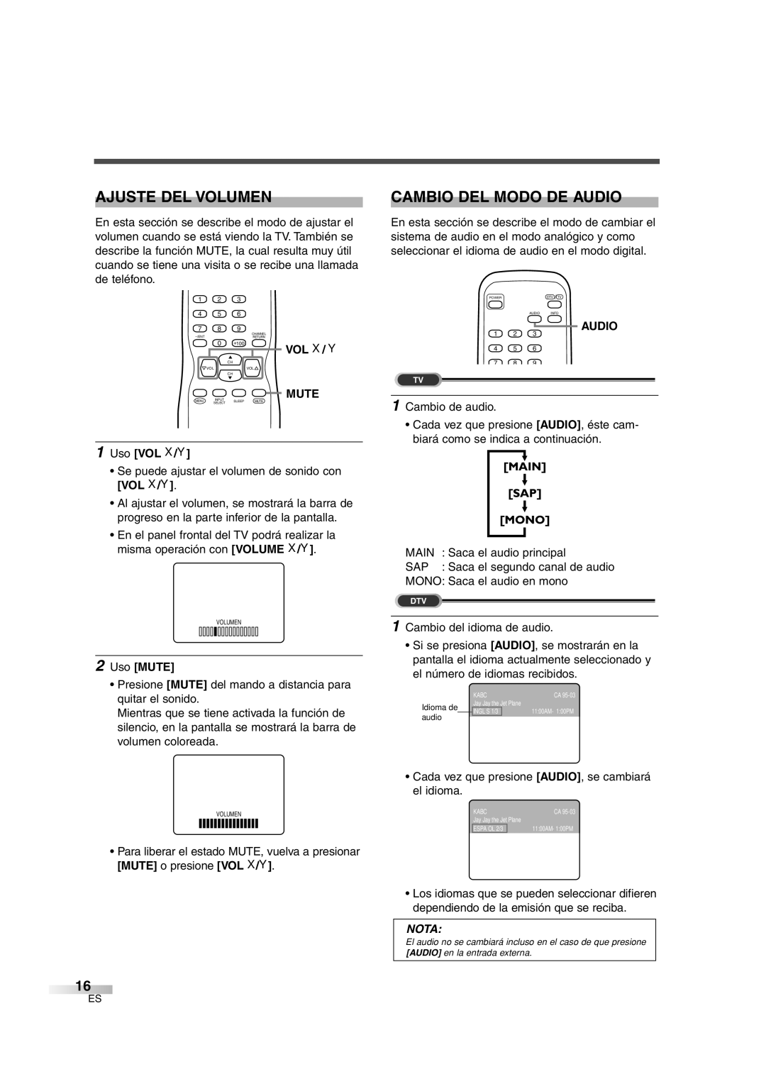 Sylvania SSGF4276 owner manual Ajuste DEL Volumen, Cambio DEL Modo DE Audio, Uso VOL X/Y, Uso Mute 