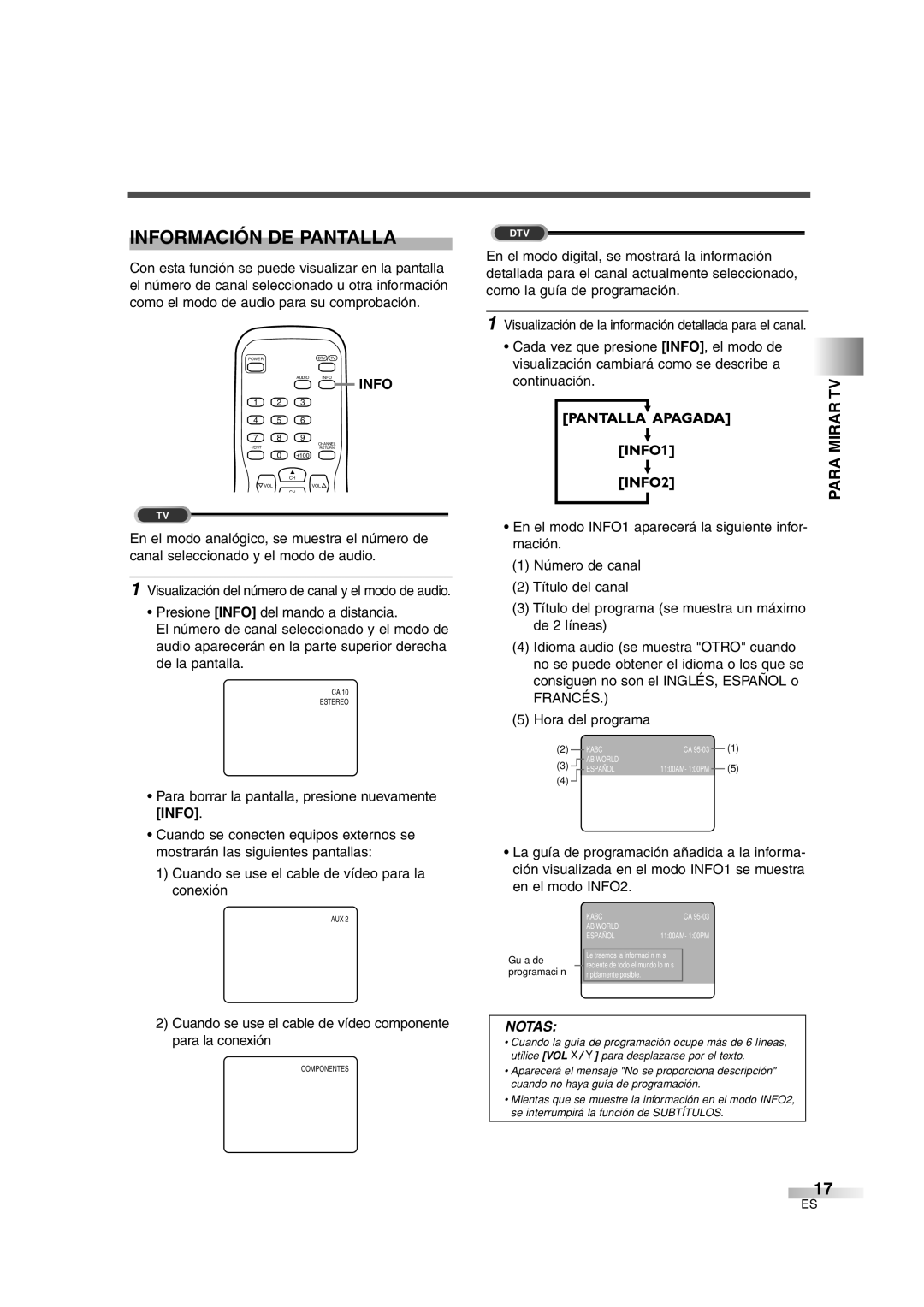 Sylvania SSGF4276 Información DE Pantalla, Para Tvmirar, Cuando se use el cable de vídeo componente para la conexión 