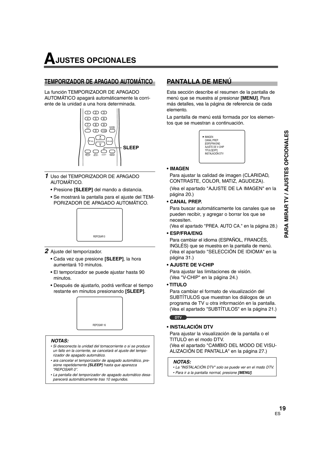 Sylvania SSGF4276 owner manual Pantalla DE Menú, Para Mirar TV / Ajustes Opcionales 