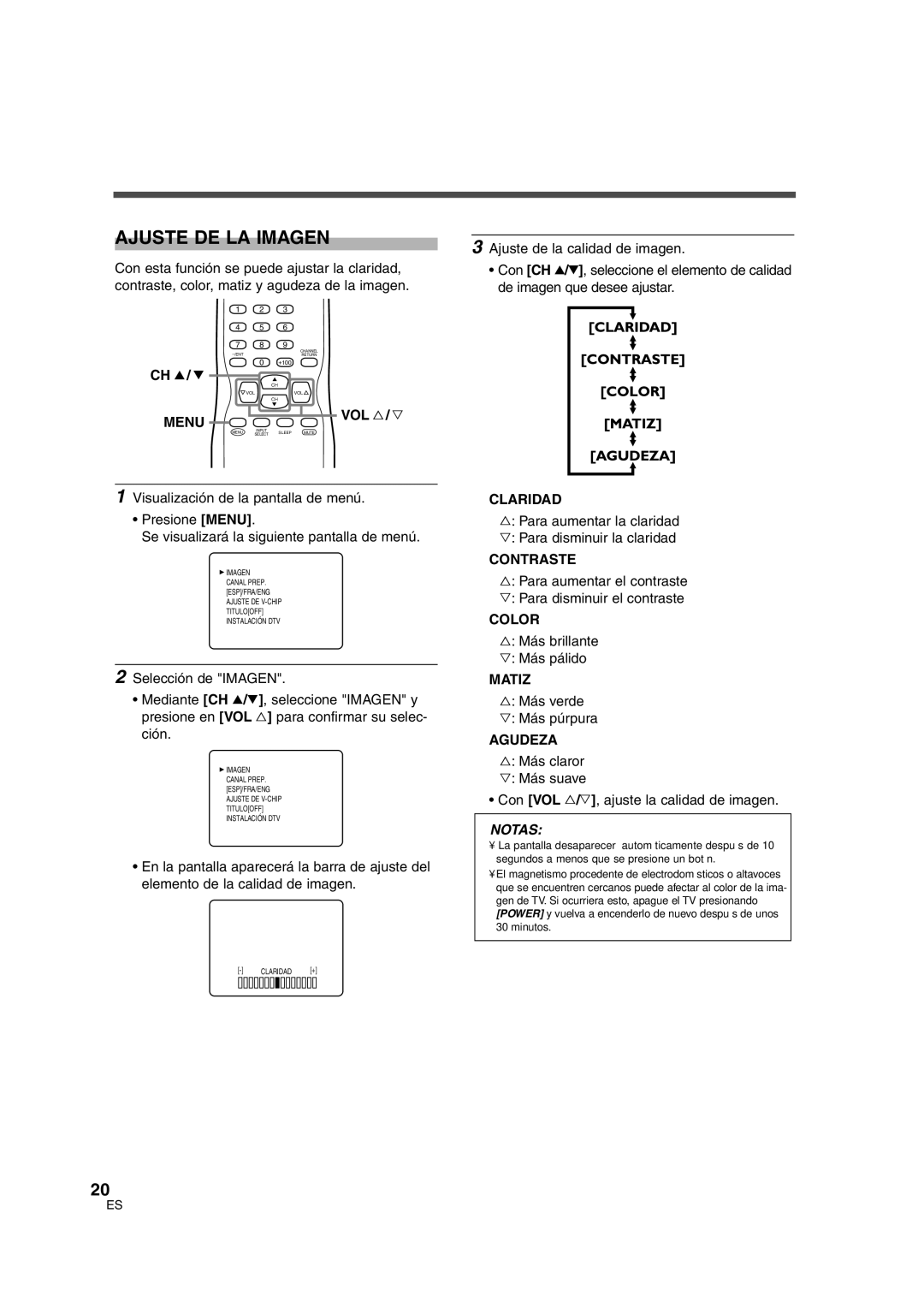 Sylvania SSGF4276 owner manual Ajuste DE LA Imagen, Claridad, Contraste, Matiz, Agudeza 