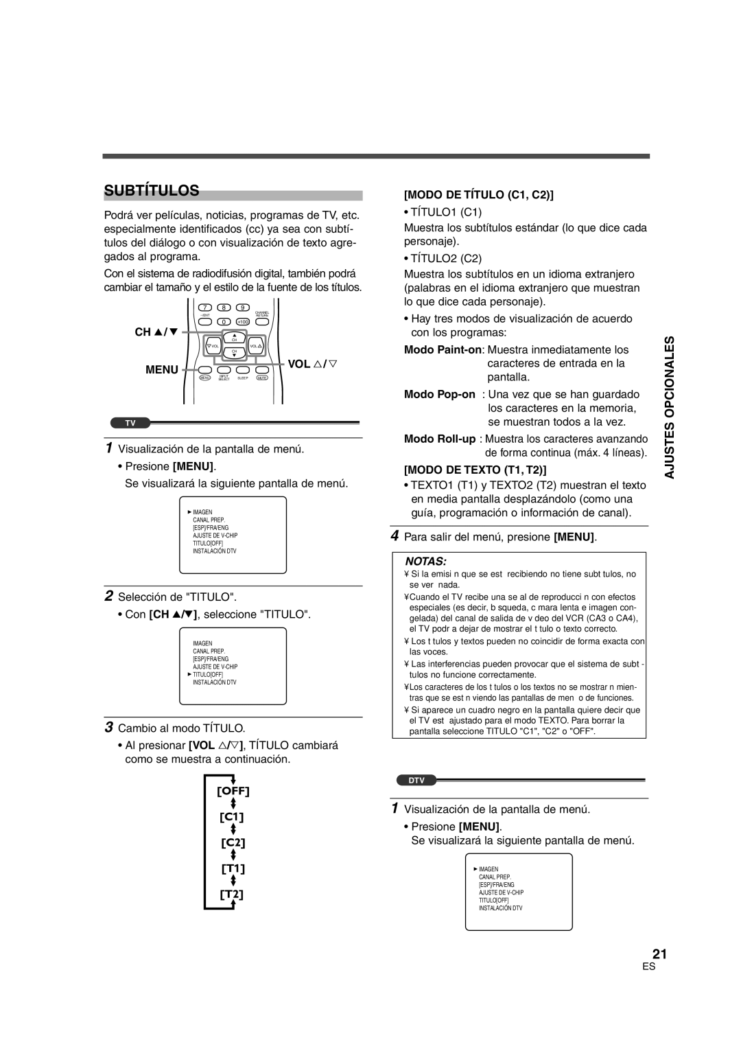 Sylvania SSGF4276 owner manual Subtítulos, Modo DE Título C1, C2, Modo DE Texto T1, T2 