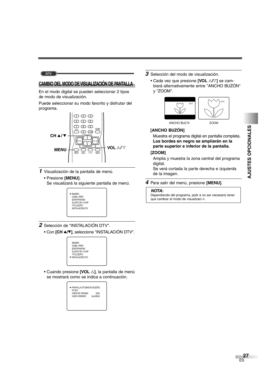 Sylvania SSGF4276 owner manual Cambio DEL Modo Devisualización DE Pantalla, Opcionales, Ancho Buzón, Digital 