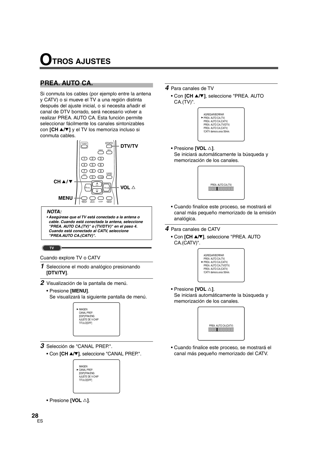 Sylvania SSGF4276 owner manual Otros Ajustes, Para canales de TV Con CH K/L, seleccione PREA. Auto CA.TV 