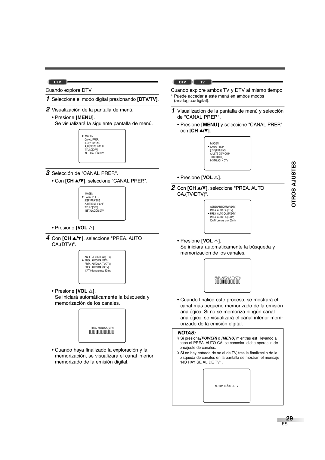 Sylvania SSGF4276 Presione VOL Con CH K/L, seleccione PREA. Auto CA.DTV, Cuando explore ambos TV y DTV al mismo tiempo 