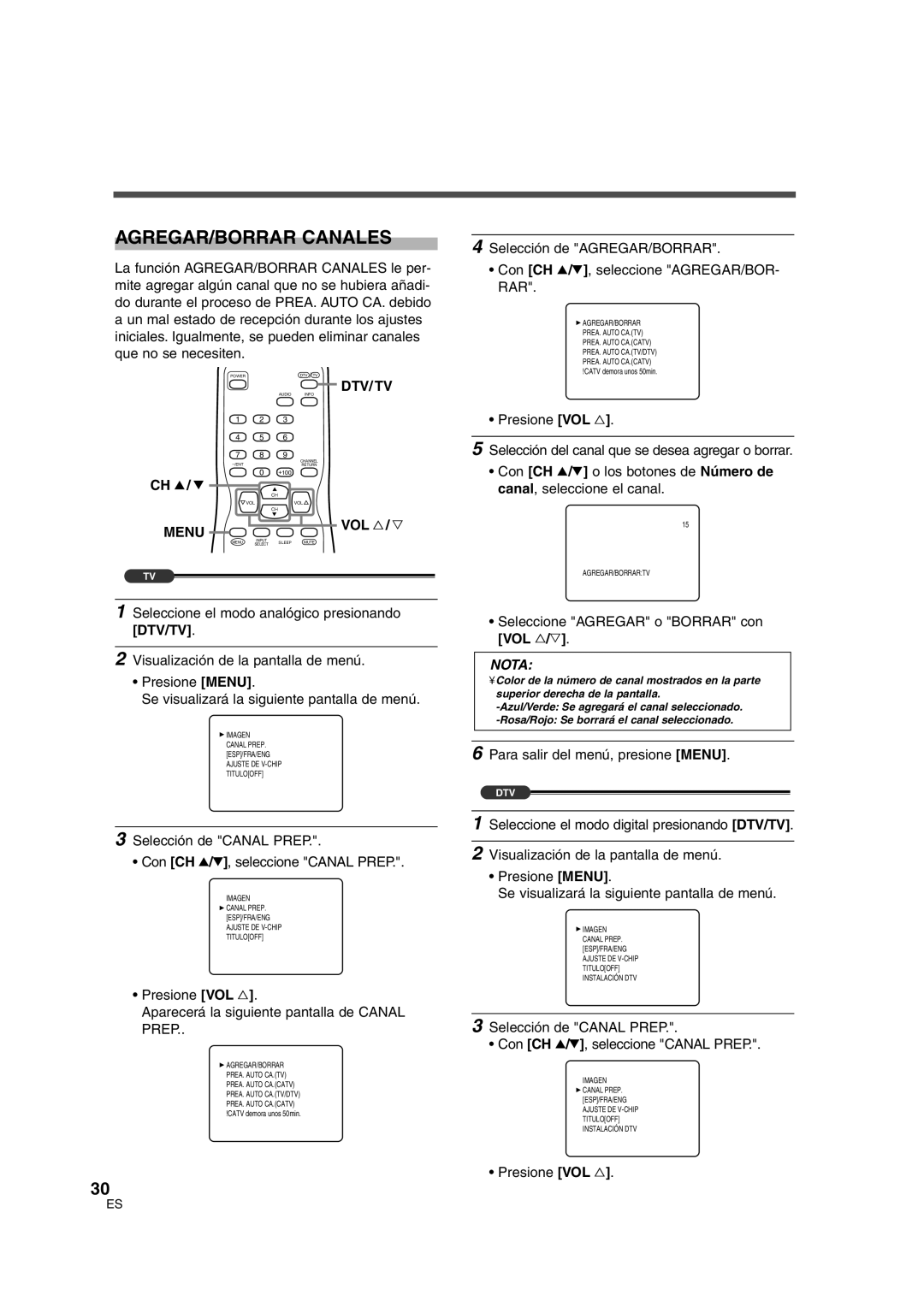 Sylvania SSGF4276 owner manual AGREGAR/BORRAR Canales, Presione VOL Aparecerá la siguiente pantalla de Canal Prep 