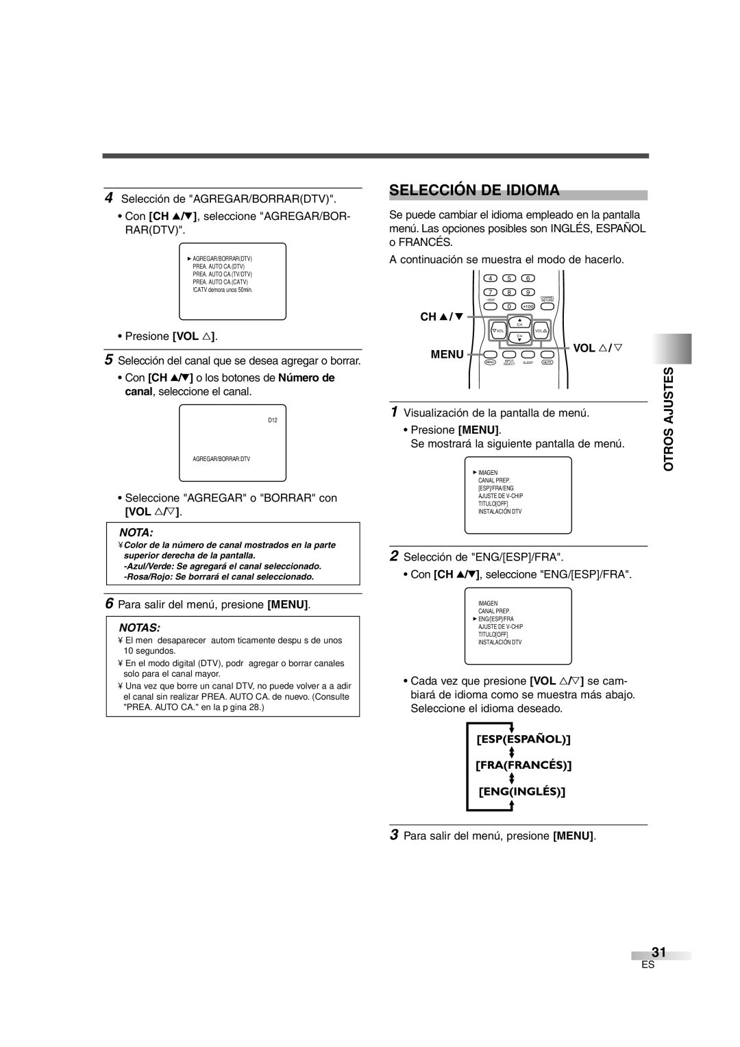 Sylvania SSGF4276 owner manual Selección DE Idioma, Ajustes, Se mostrará la siguiente pantalla de menú 