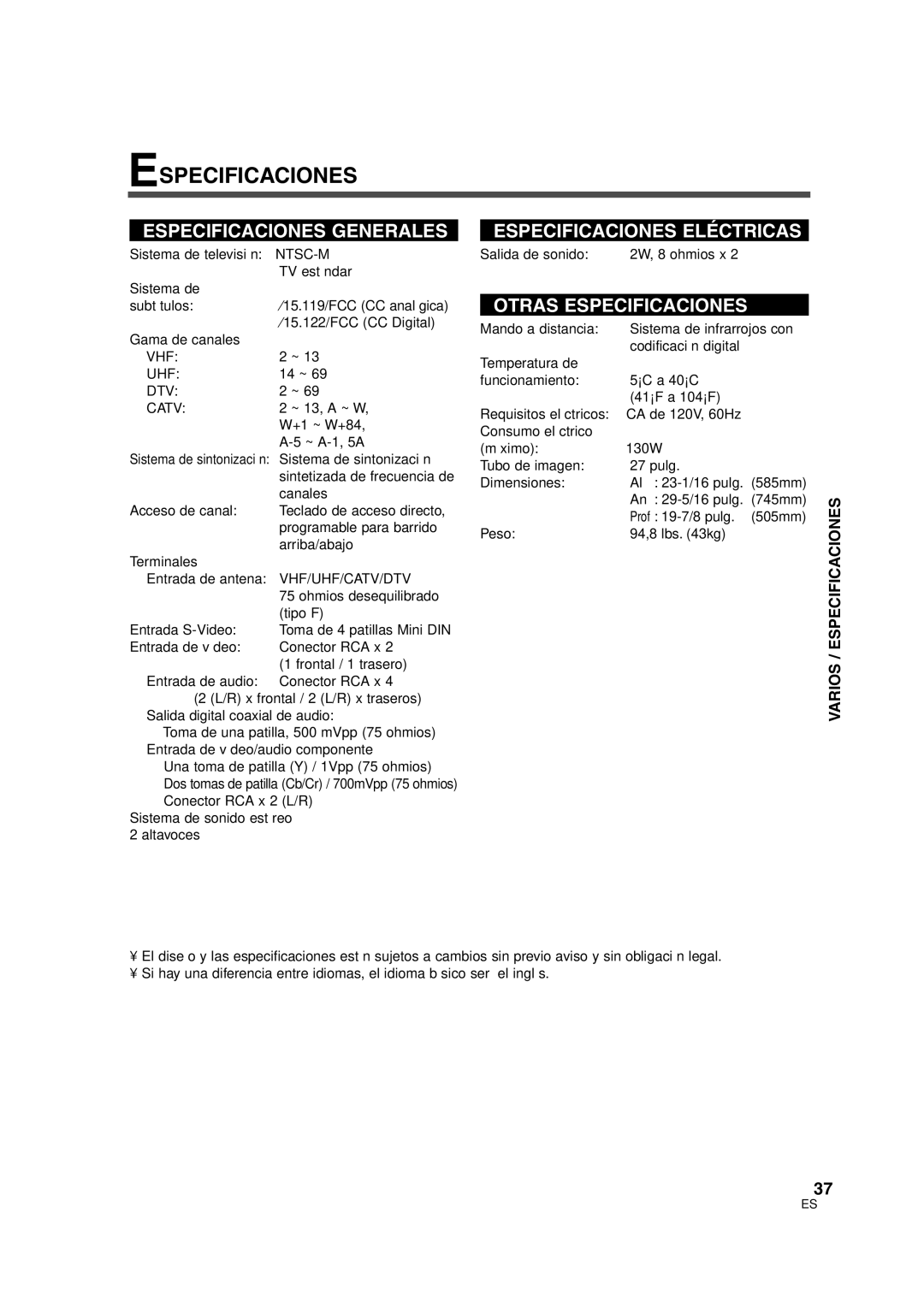 Sylvania SSGF4276 owner manual Varios / Especificaciones, Vhf Uhf, DTV Catv, Vhf/Uhf/Catv/Dtv 