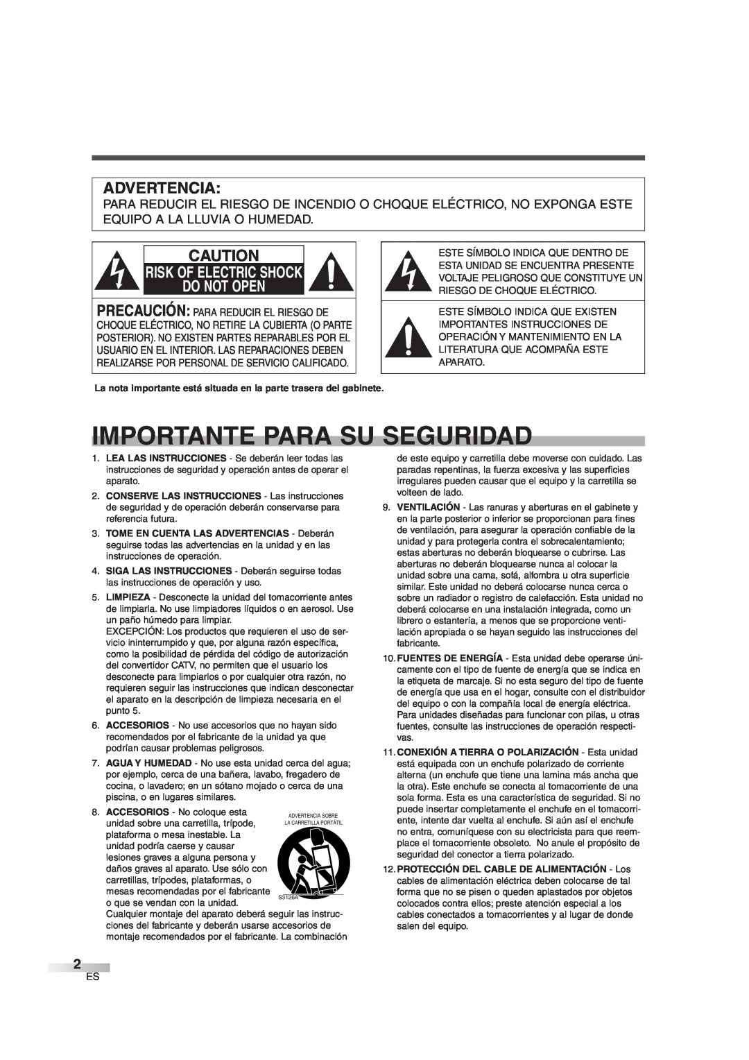 Sylvania SSGF4276 owner manual Importante Para Su Seguridad, Advertencia, Risk Of Electric Shock Do Not Open 
