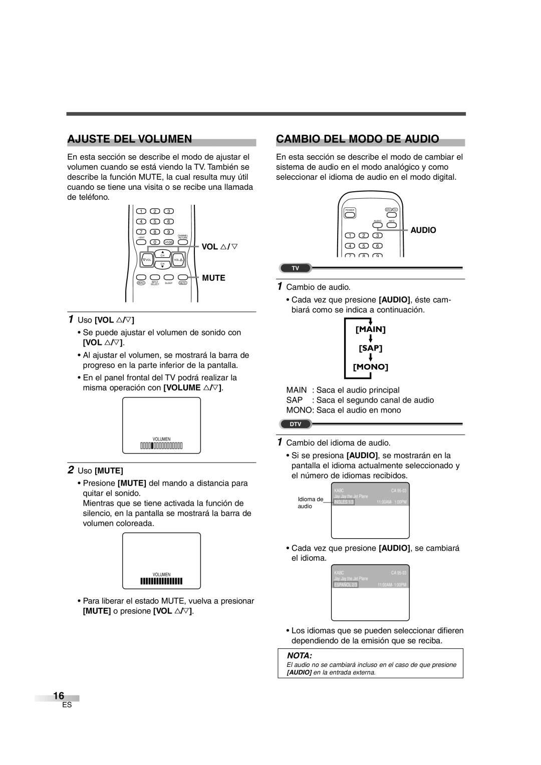 Sylvania SSGF4276 owner manual Ajuste Del Volumen, Cambio Del Modo De Audio, Vol X / Y, Mute, Uso VOL X/Y, Uso MUTE, Nota 