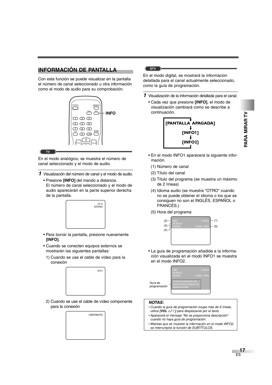 Sylvania SSGF4276 owner manual Información De Pantalla, Para Tvmirar, Notas 