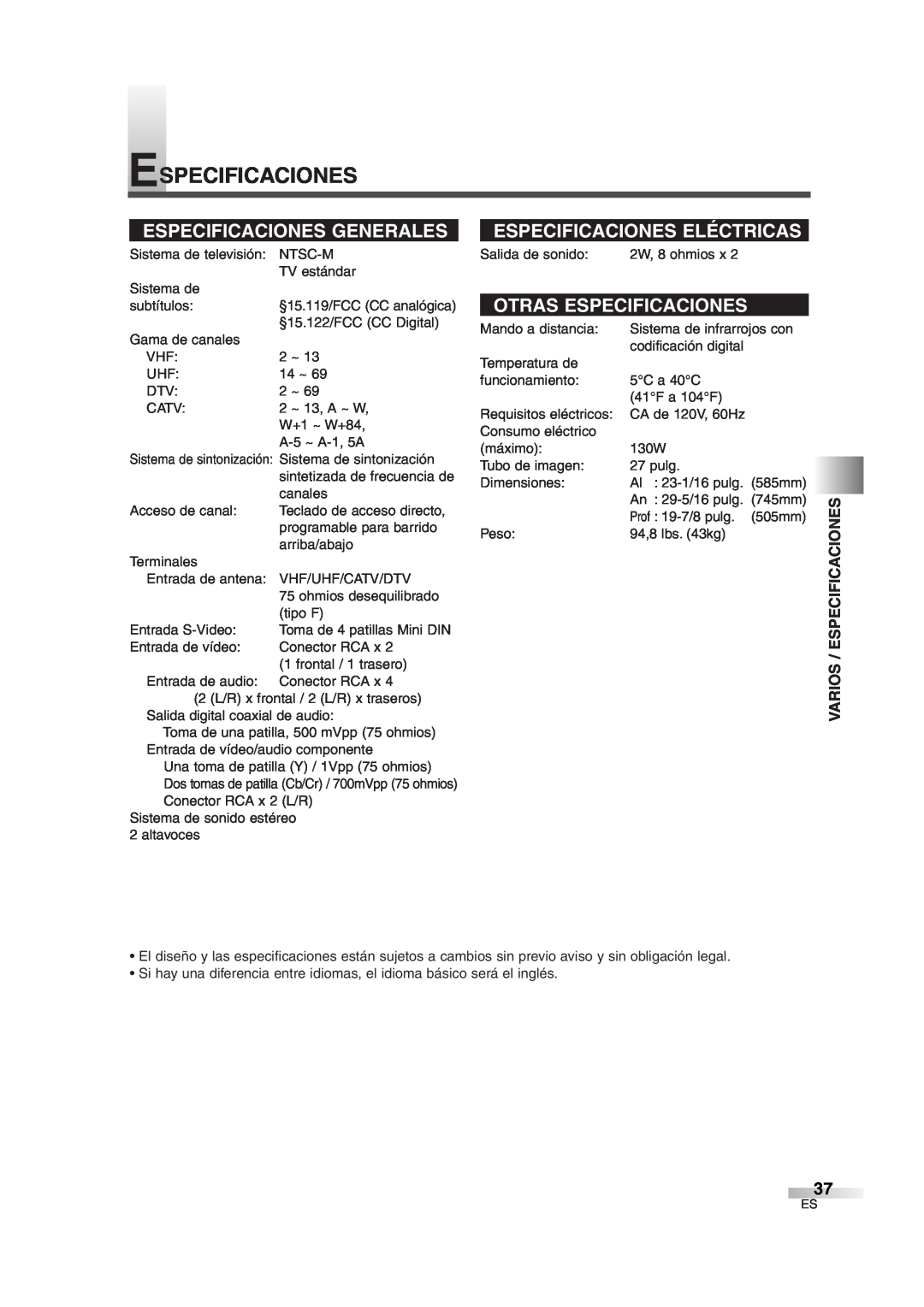 Sylvania SSGF4276 owner manual Especificaciones Generales, Especificaciones Eléctricas, Otras Especificaciones 