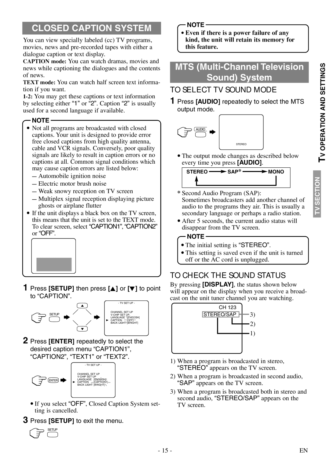 Sylvania SSL15D5 manual Closed Caption System, To Select TV Sound Mode, To Check the Sound Status, Output mode 