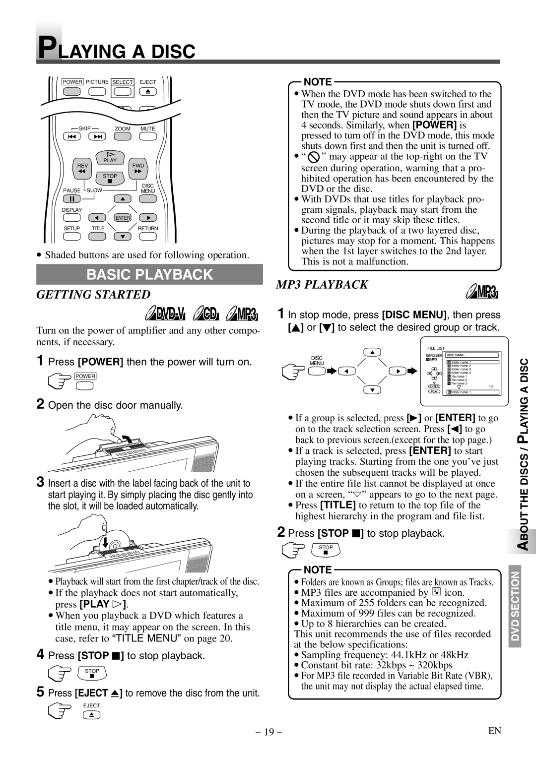 Sylvania SSL15D5 manual Playing a Disc, Basic Playback, Getting Started, MP3 Playback 