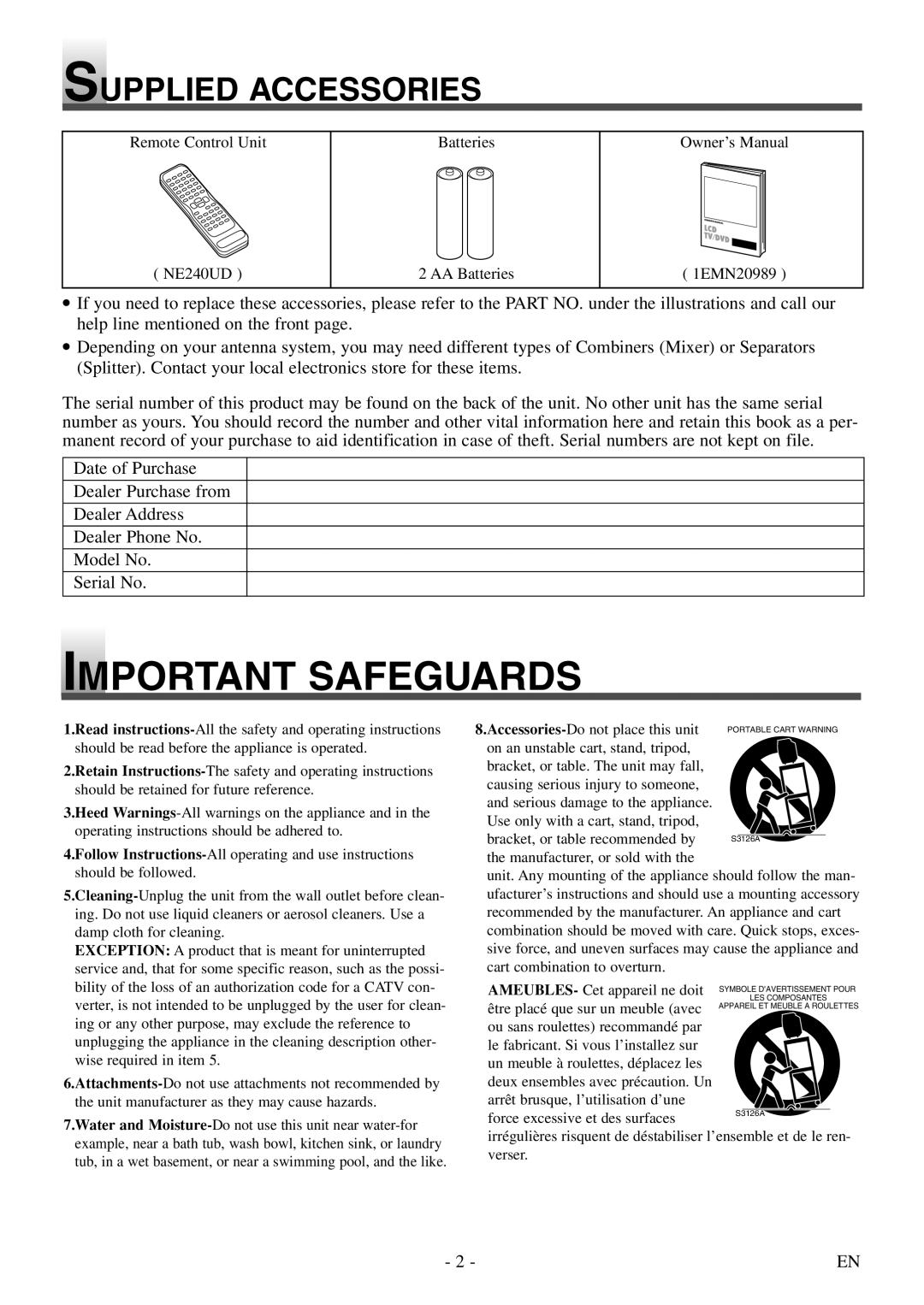 Sylvania SSL15D5 manual Important Safeguards, Supplied Accessories 