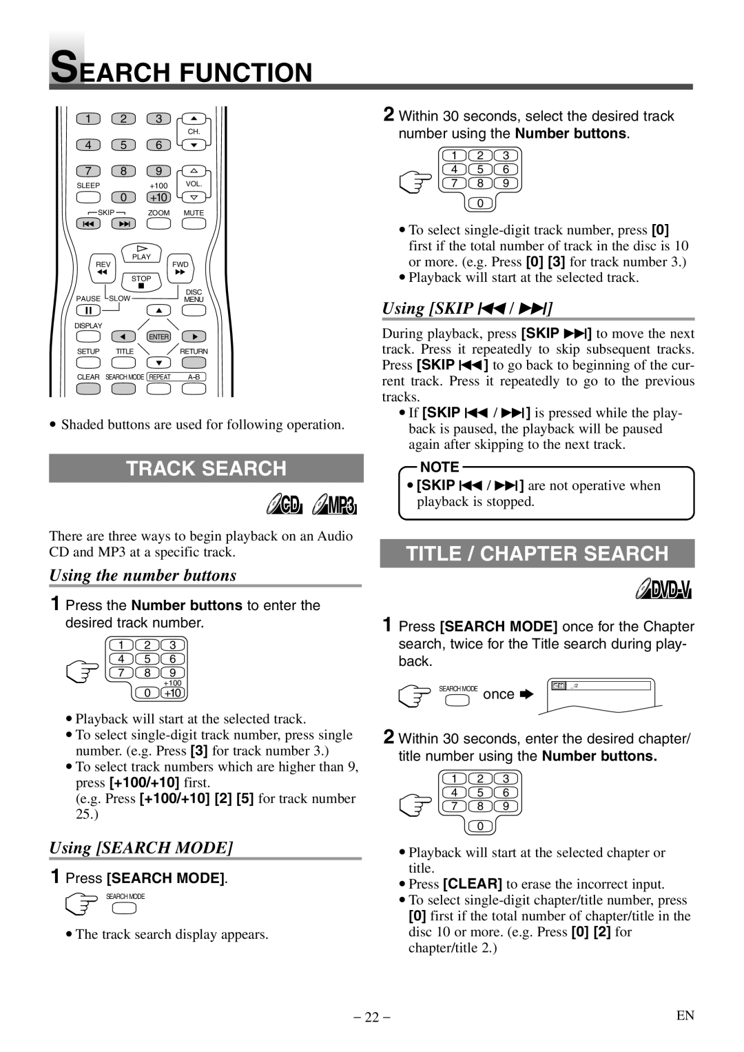 Sylvania SSL15D5 manual Search Function, Track Search, Title / Chapter Search, Press Search Mode 