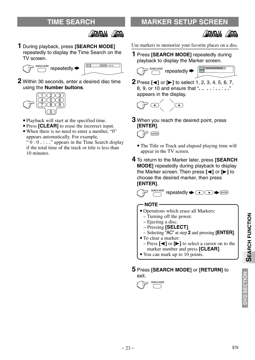 Sylvania SSL15D5 manual Time Search, Marker Setup Screen, Repeatedly, Press Search Mode or Return to, Exit 