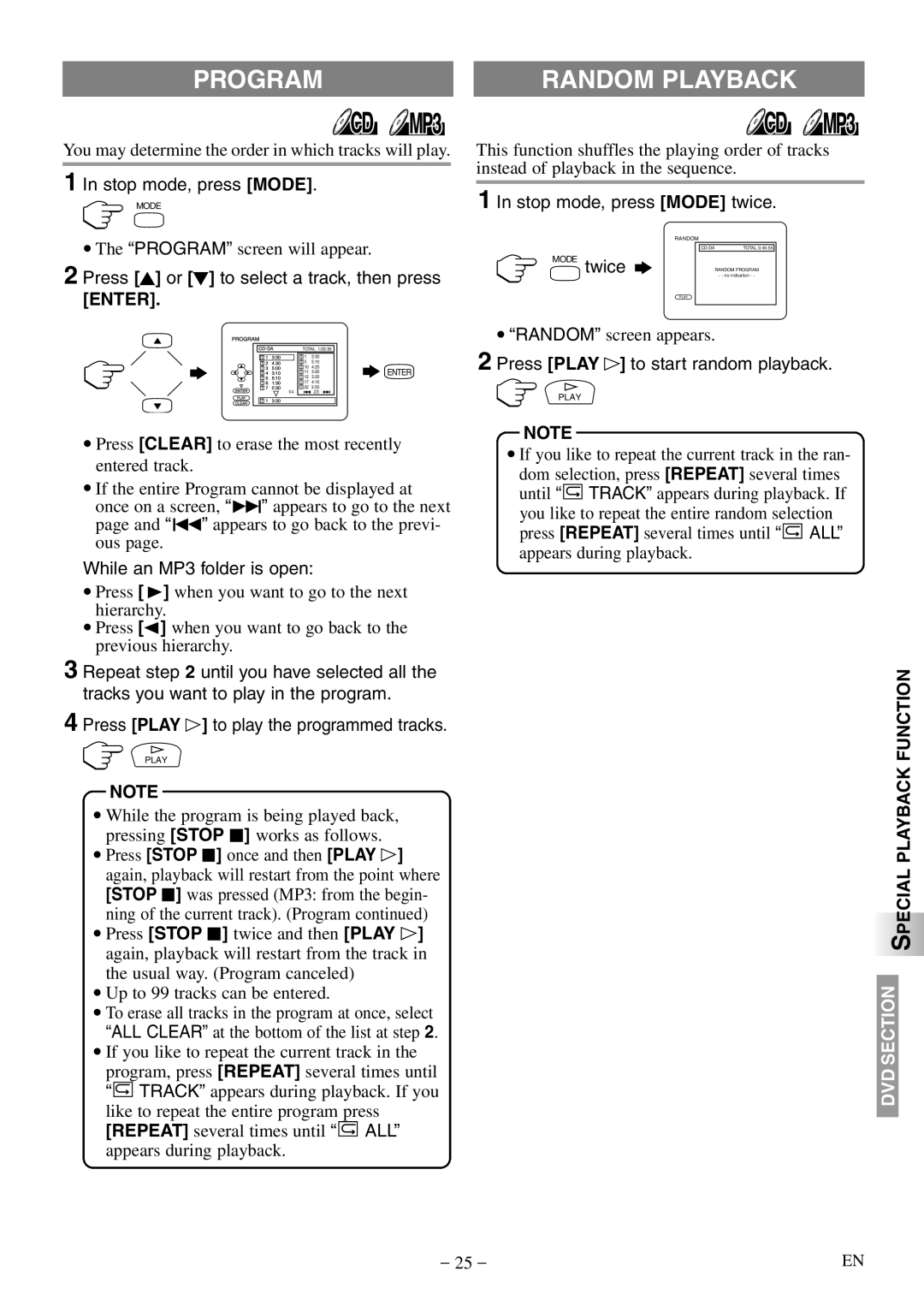 Sylvania SSL15D5 manual Program Random Playback, Enter, Special Playback Function 