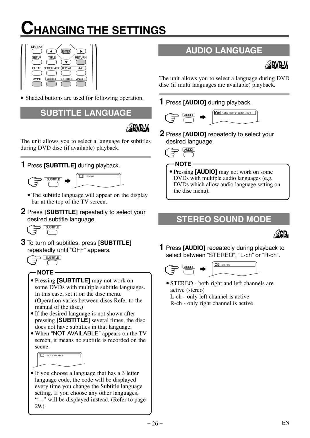 Sylvania SSL15D5 manual Changing the Settings, Subtitle Language, Audio Language, Stereo Sound Mode 