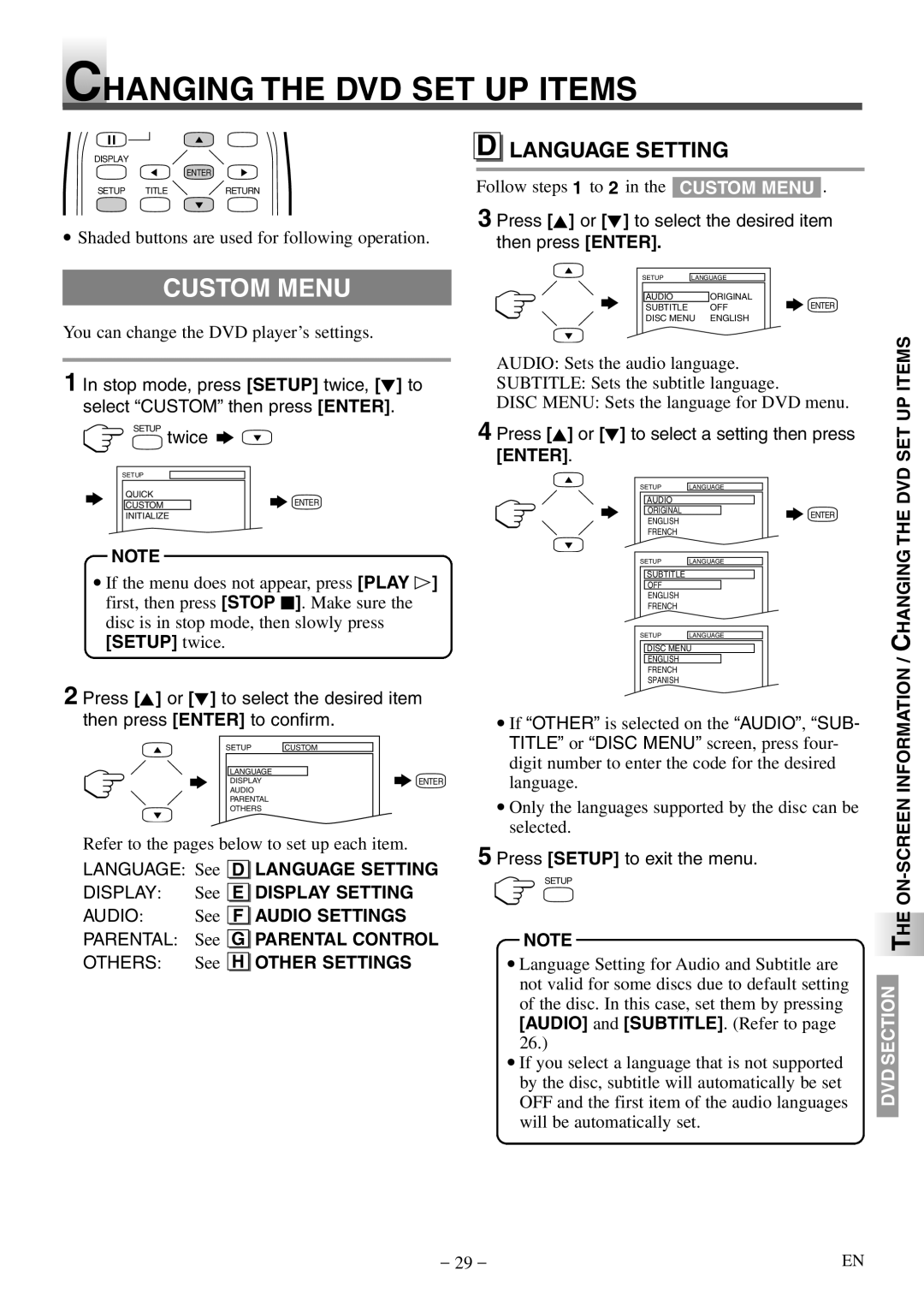 Sylvania SSL15D5 manual Changing the DVD SET UP Items, Custom Menu 