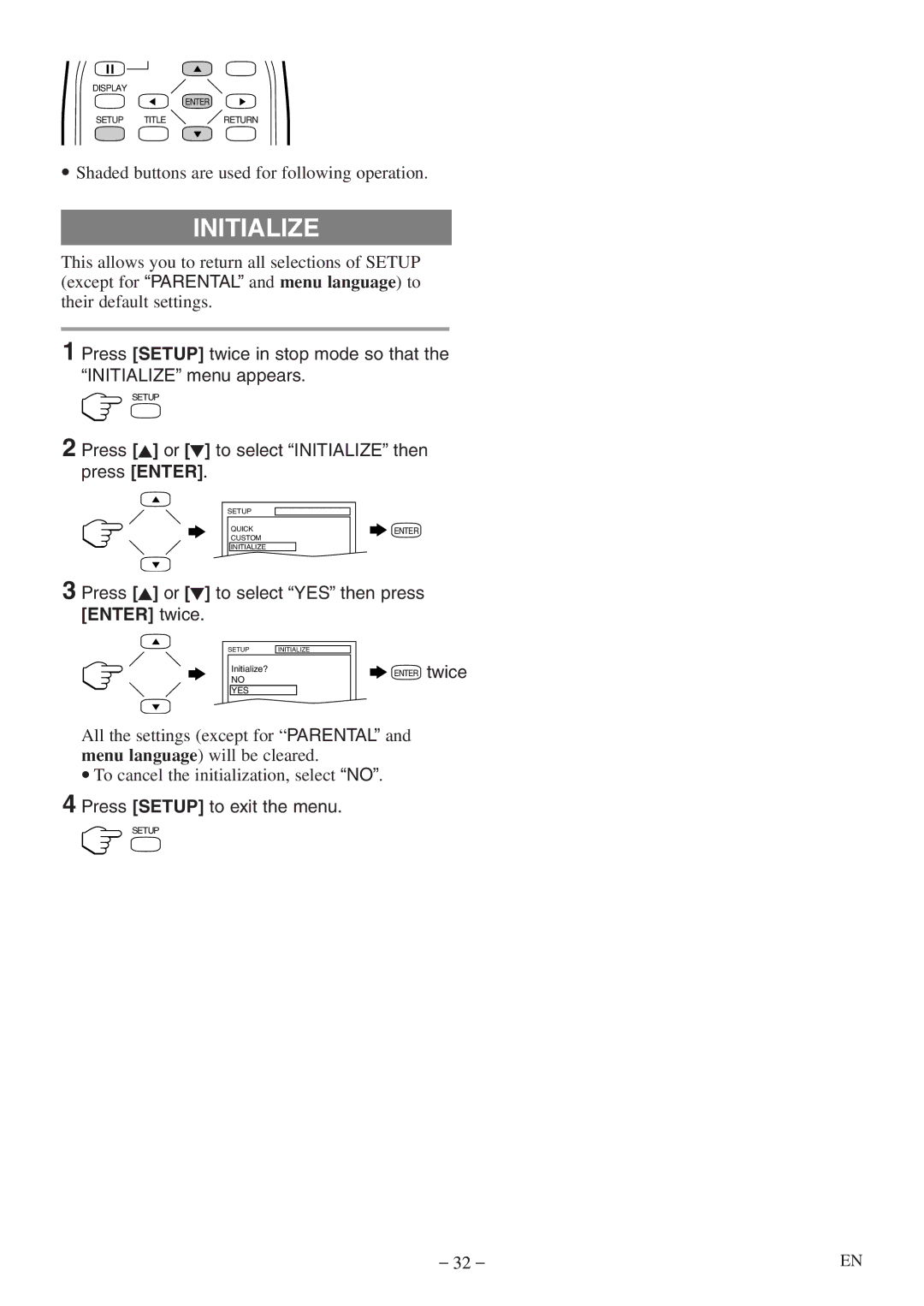 Sylvania SSL15D5 Press K or L to select Initialize then press Enter, Press K or L to select YES then press Enter twice 