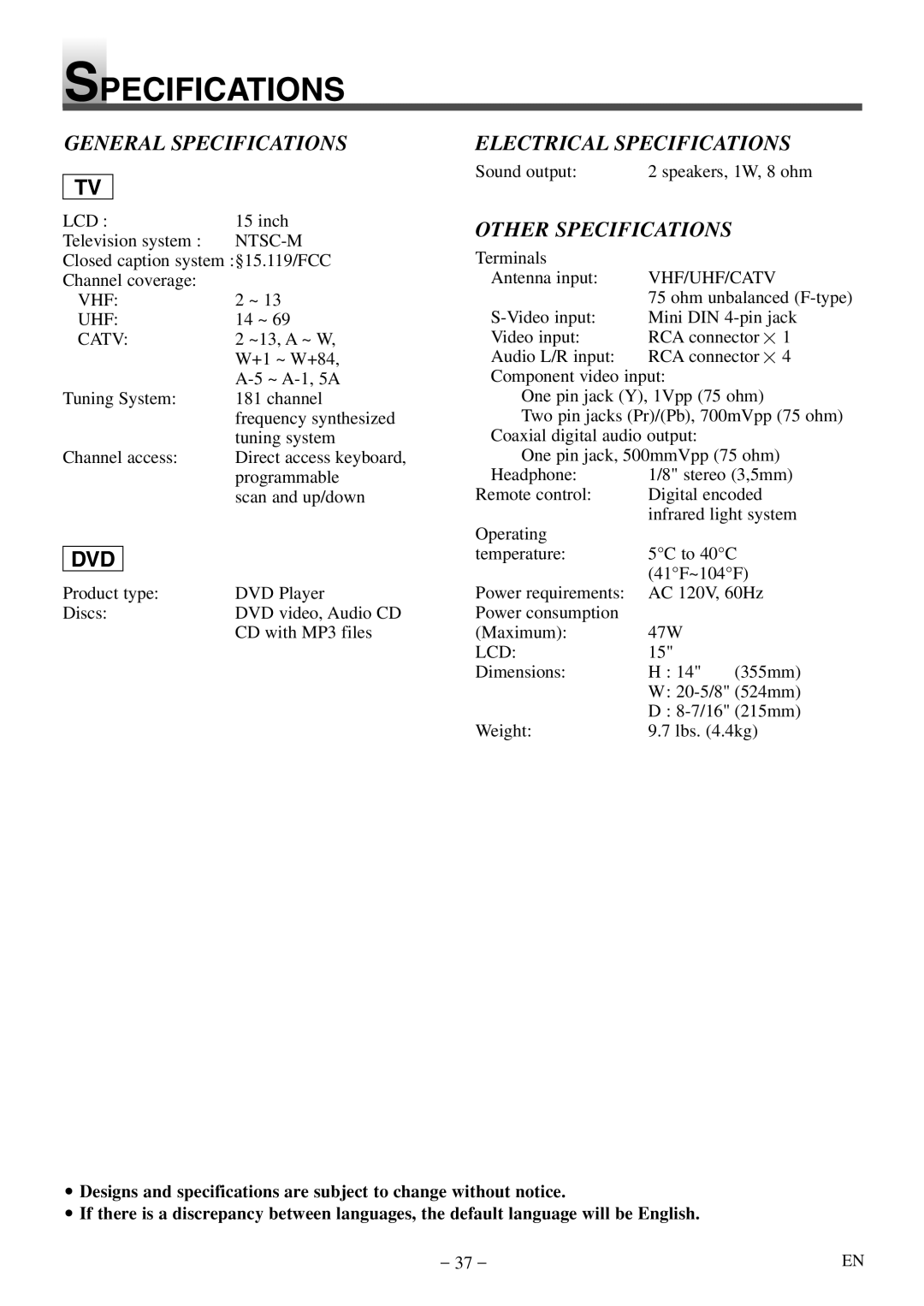 Sylvania SSL15D5 manual General Specifications, Electrical Specifications, Other Specifications 