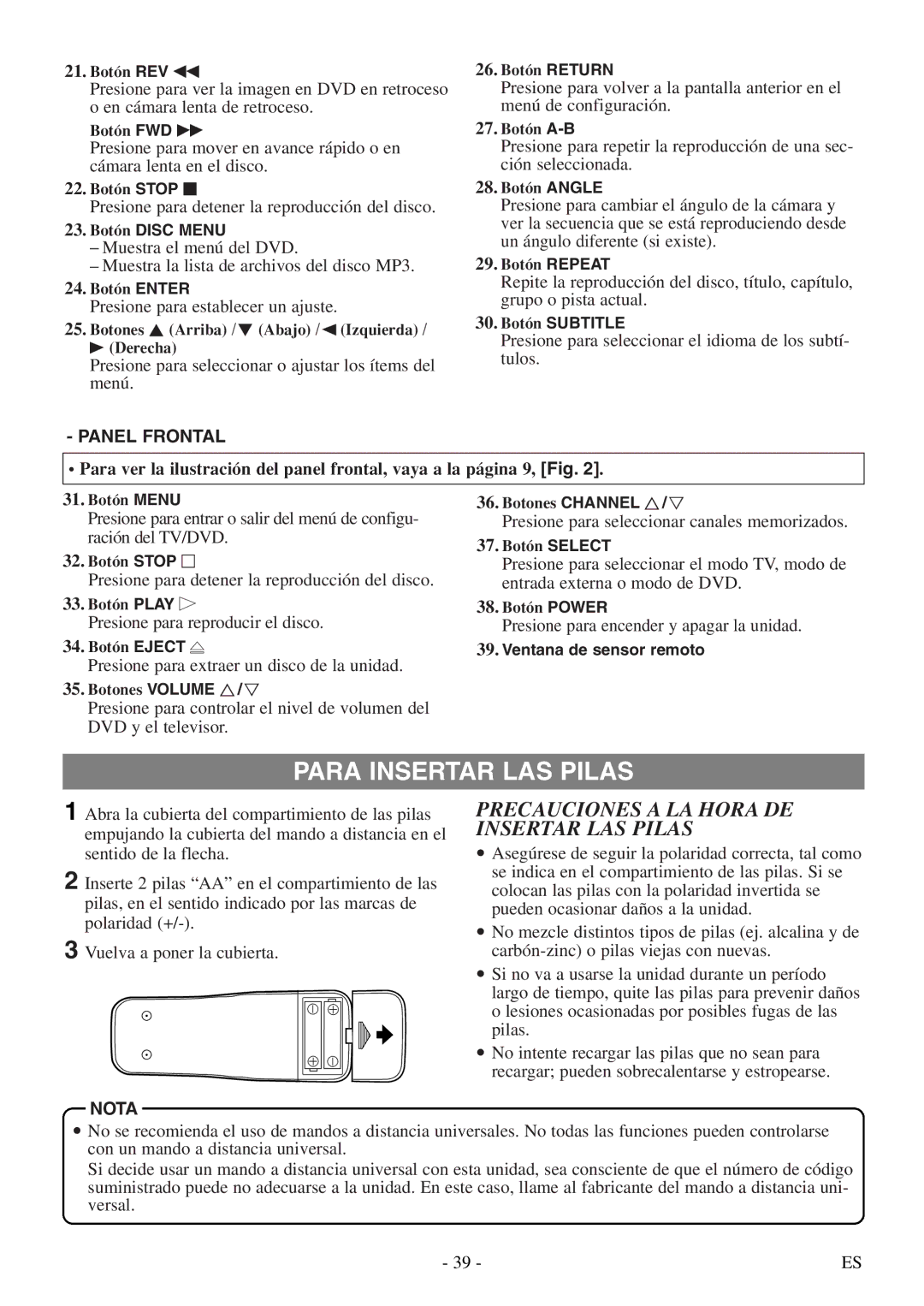 Sylvania SSL15D5 manual Para Insertar LAS Pilas, Precauciones a LA Hora DE Insertar LAS Pilas, Panel Frontal, Nota 