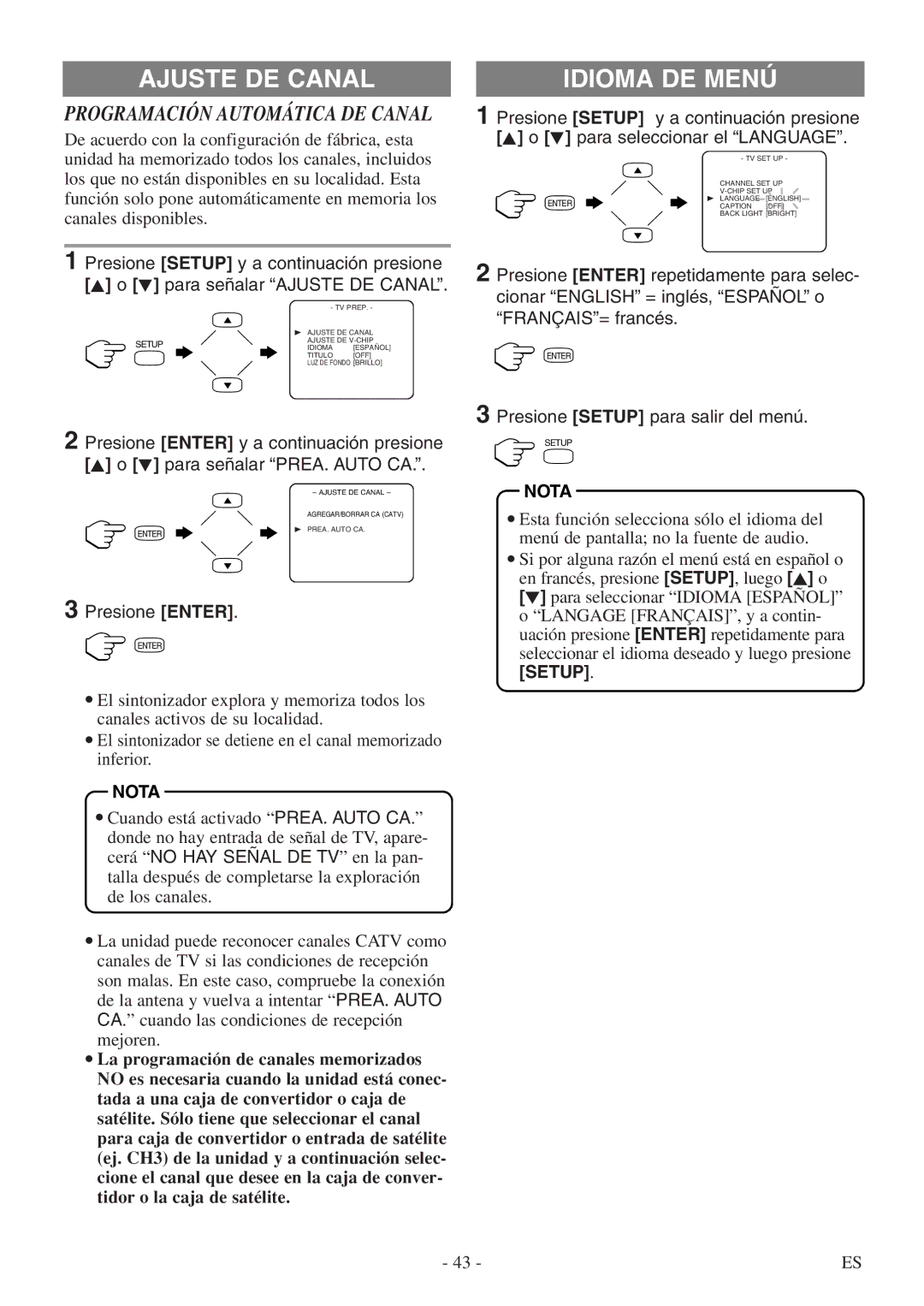 Sylvania SSL15D5 manual Ajuste DE Canal, Idioma DE Menú, Presione Enter, Setup 