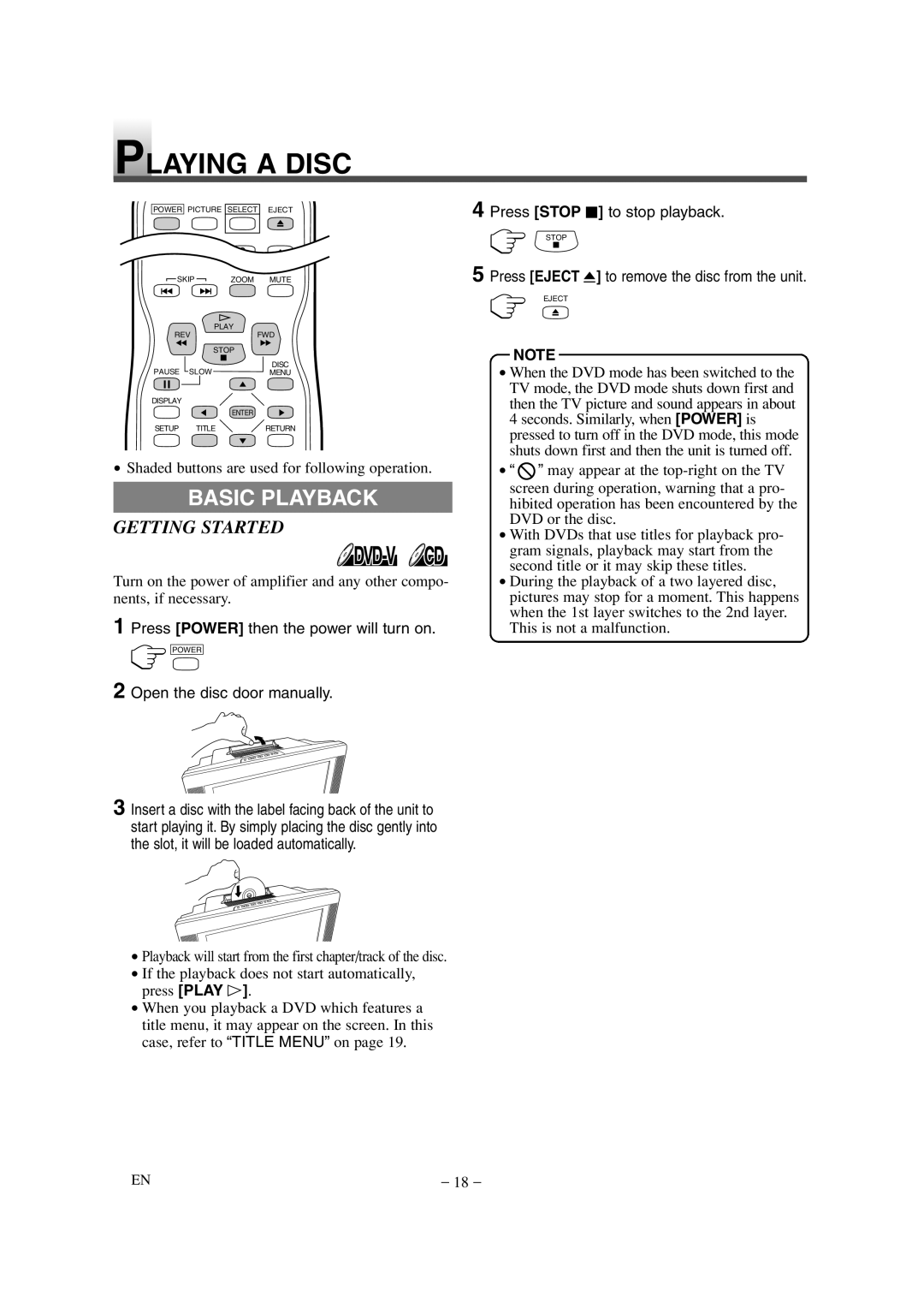 Sylvania SSL15D6 owner manual Playing a Disc, Basic Playback, Getting Started 